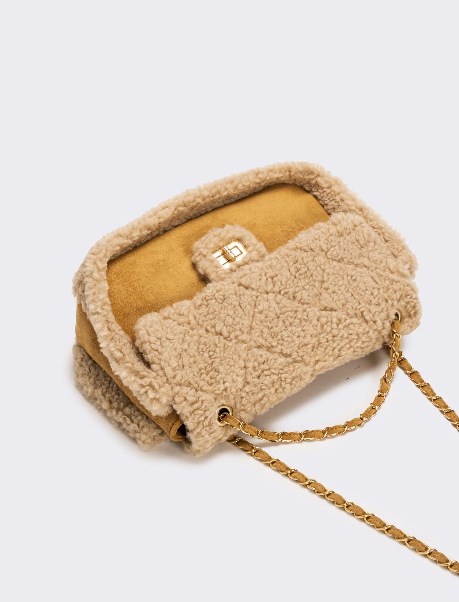 Borsa a tracolla donna in finto montone con catena - Beige - Image 3