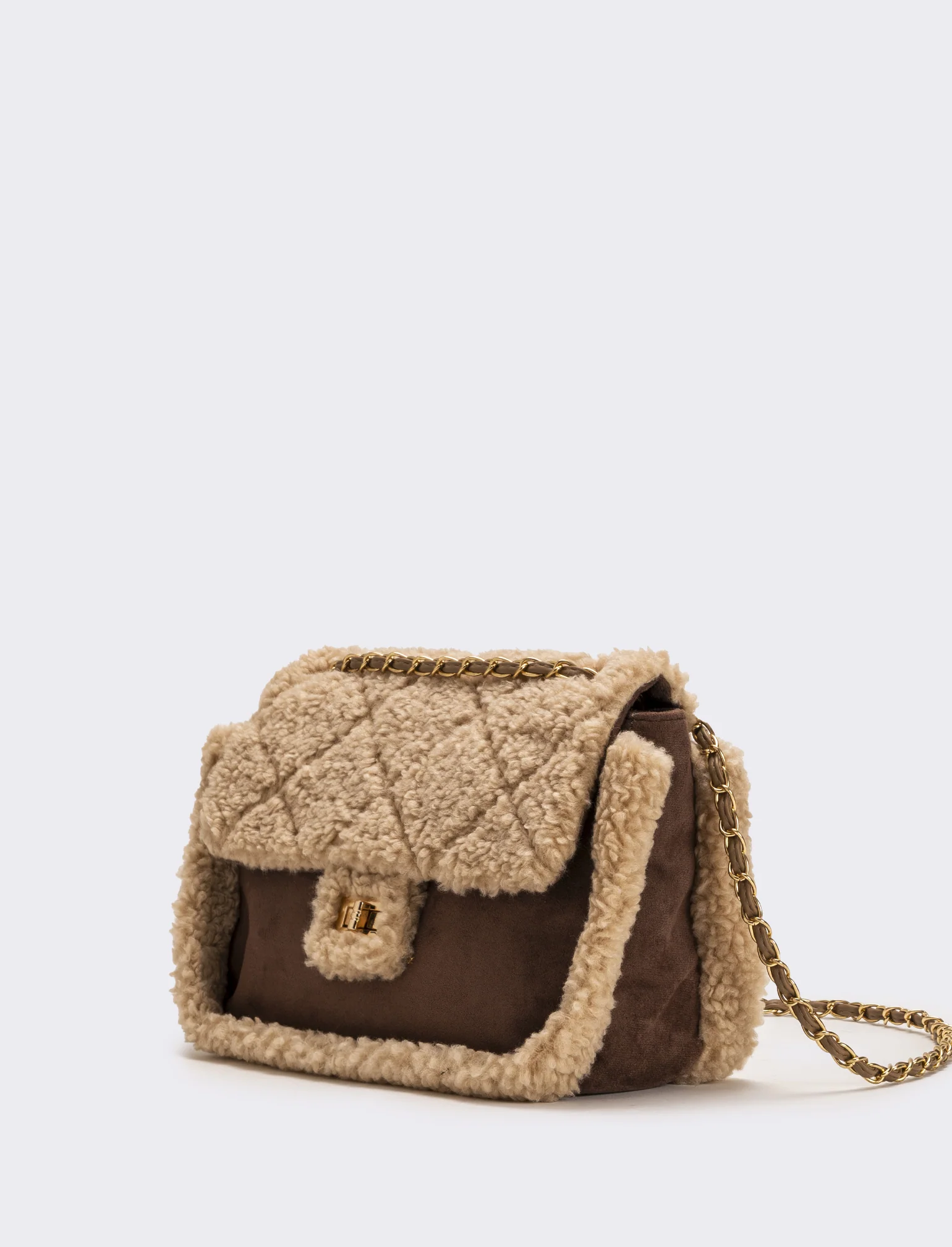 Borsa a tracolla donna in finto montone con catena - Marrone - Image 2
