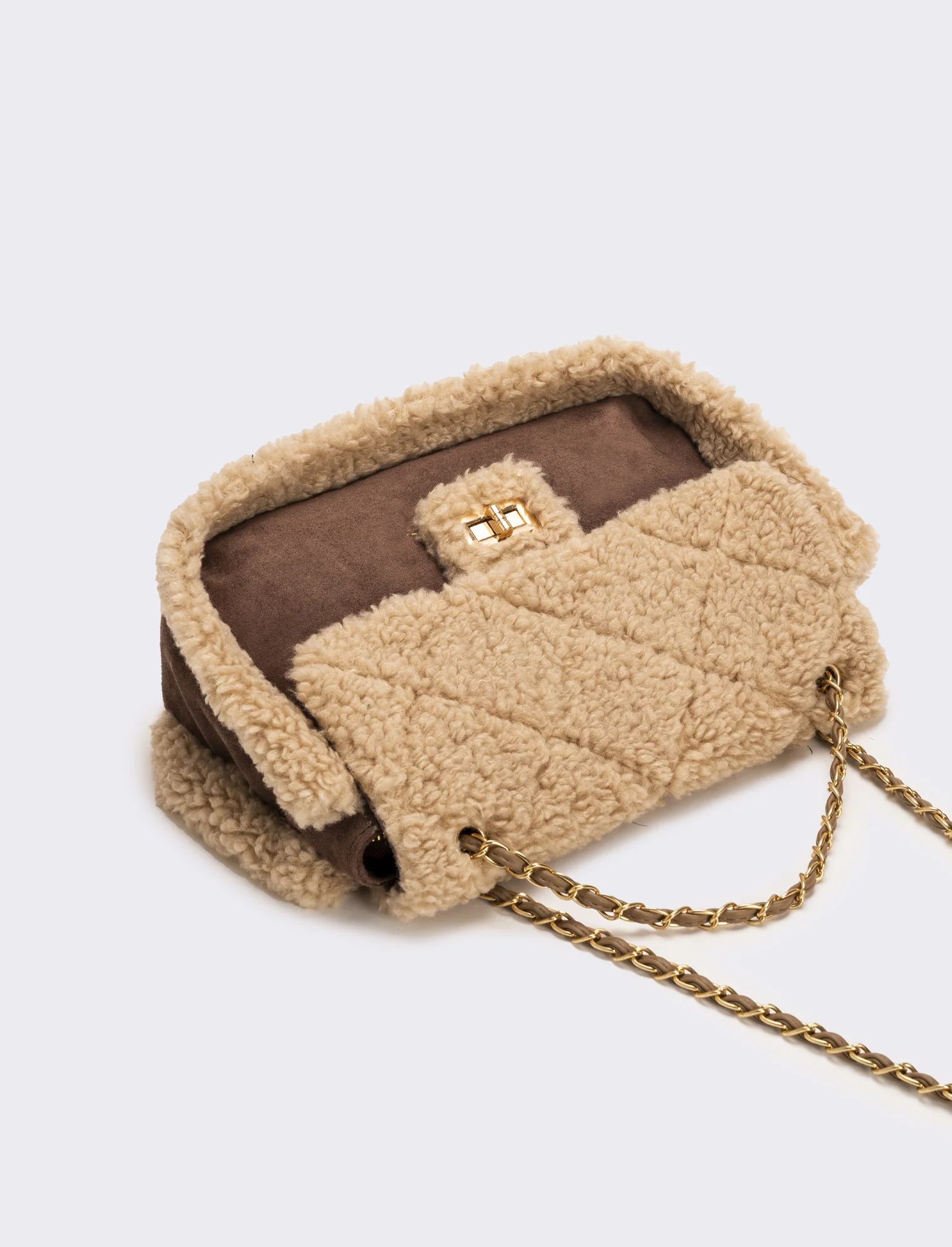 Borsa a tracolla donna in finto montone con catena - Marrone - Image 3