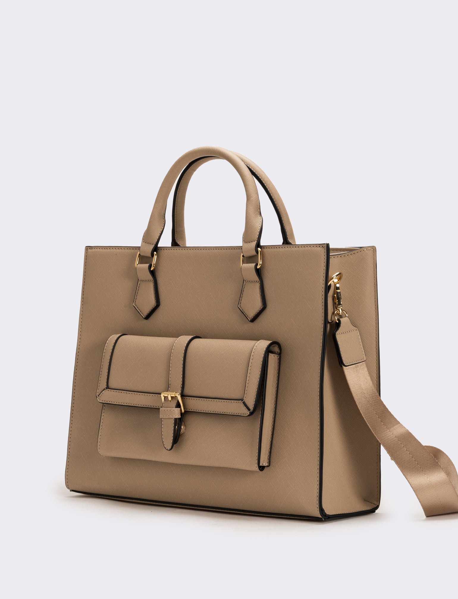 Borsa con tasca grande e tracolla in saffiano donna - Beige - Image 2