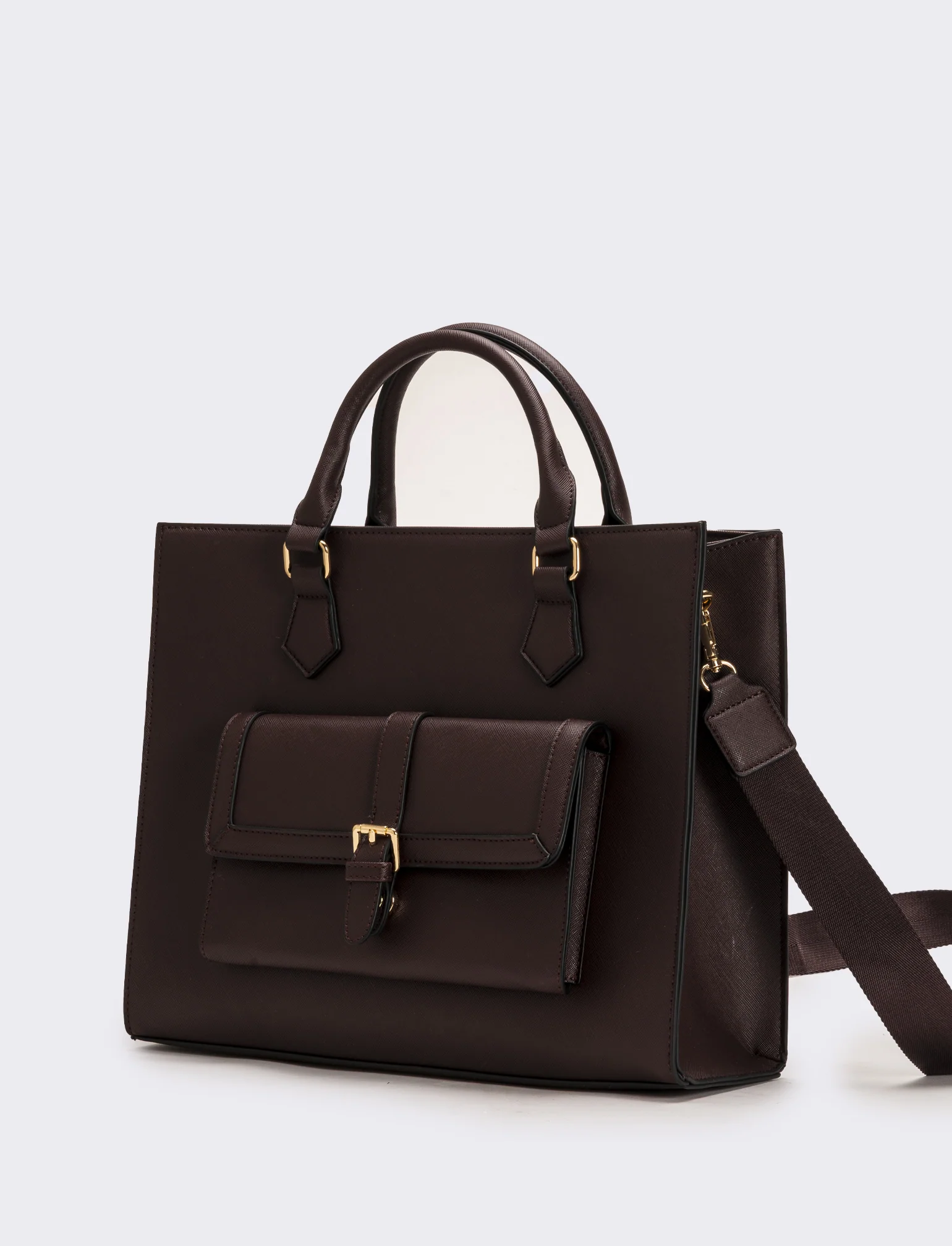 Borsa con tasca grande e tracolla in saffiano donna - Moro - Image 2