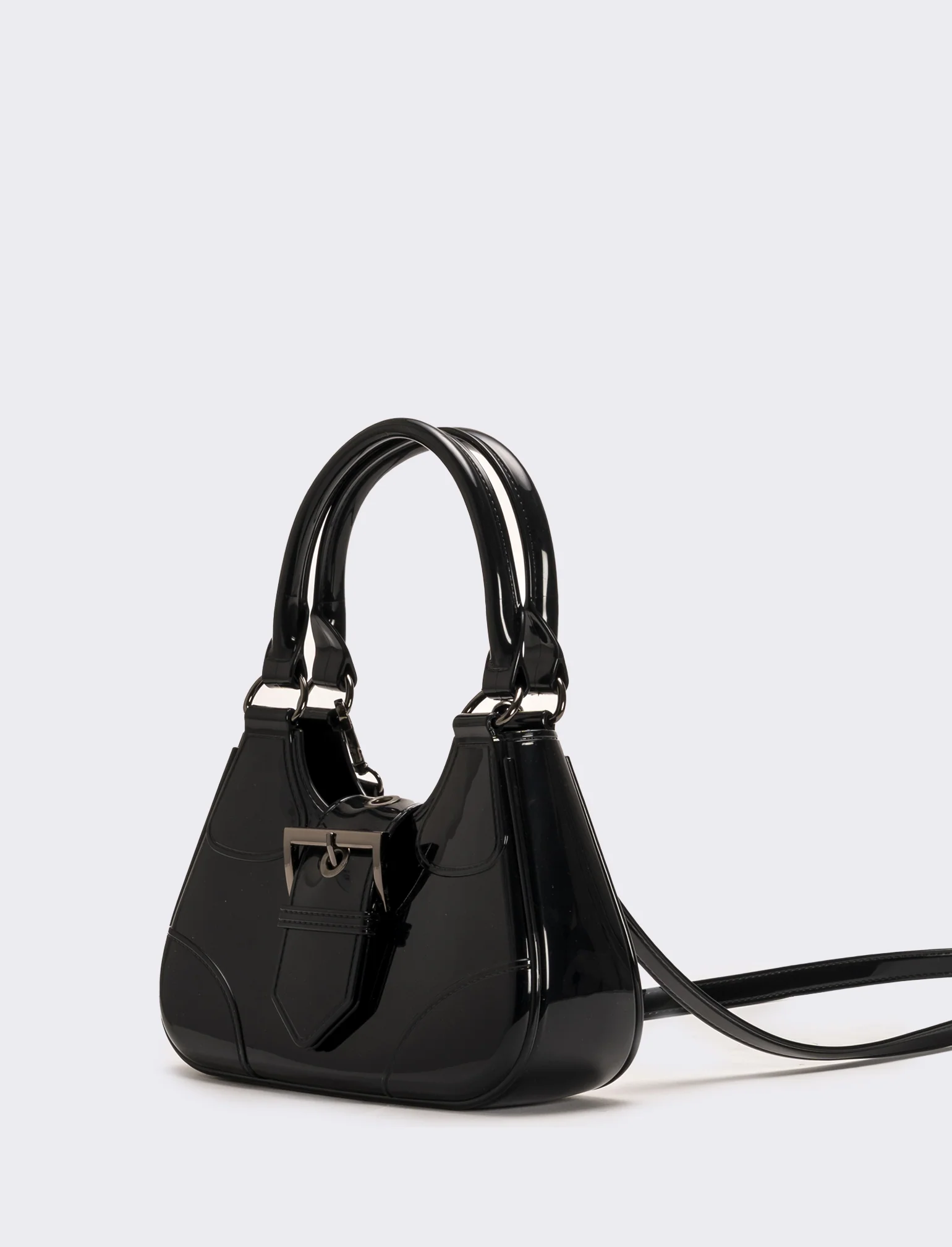 Borsa donna gommata con fibbia e tracolla - Nero - Image 2
