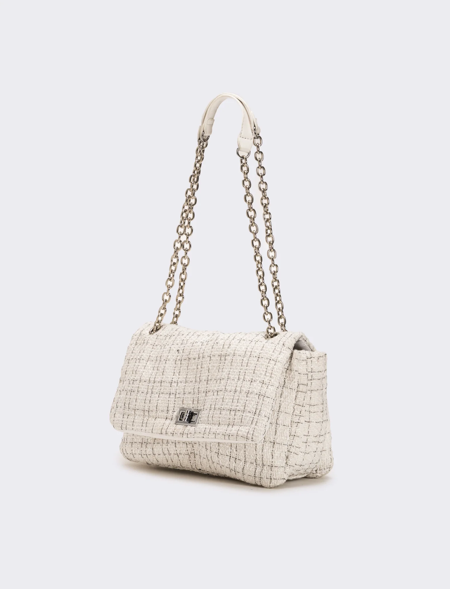 Borsa donna in tessuto con patta e catena infilata - Bianco - Image 2