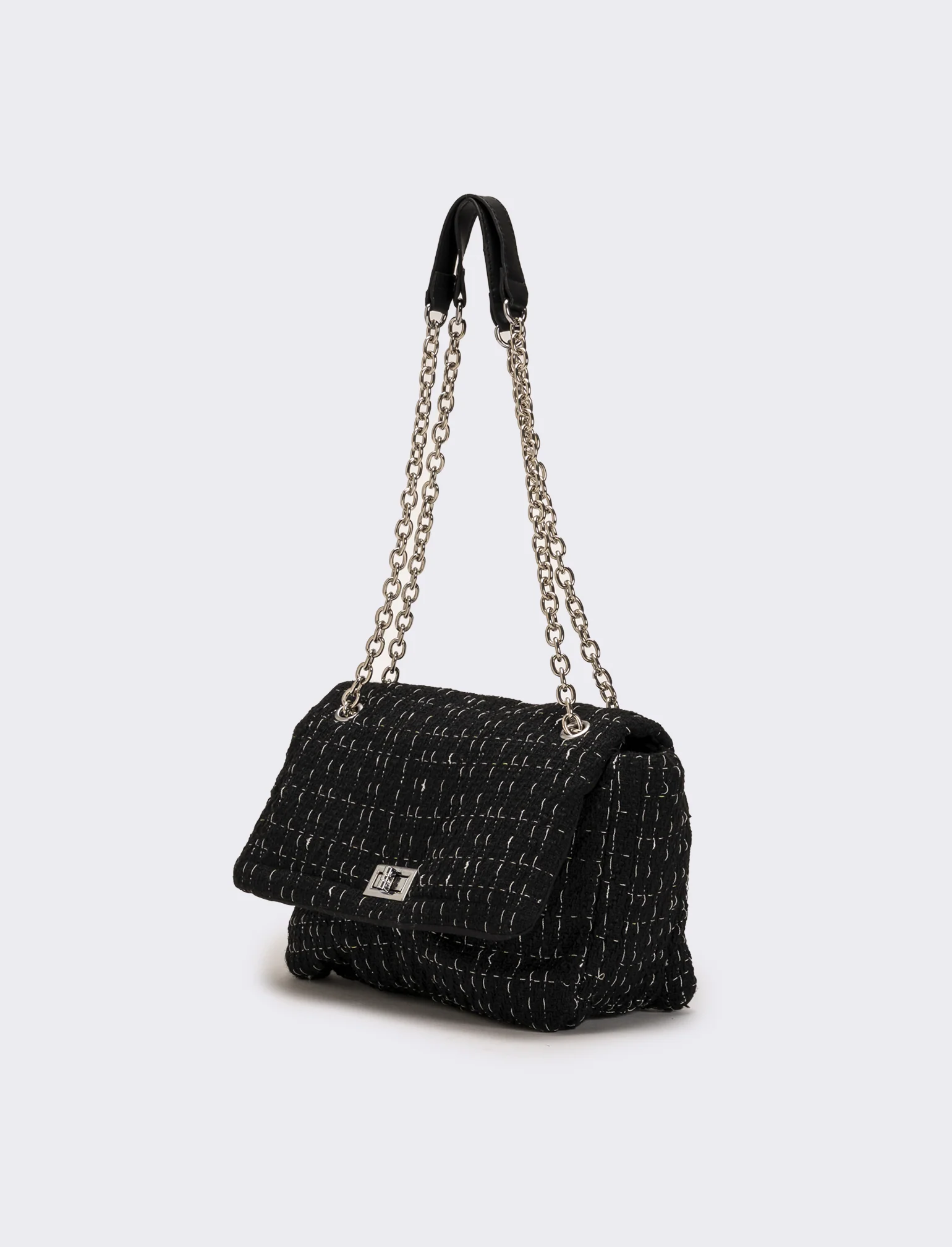 Borsa donna in tessuto con patta e catena infilata - Nero - Image 2
