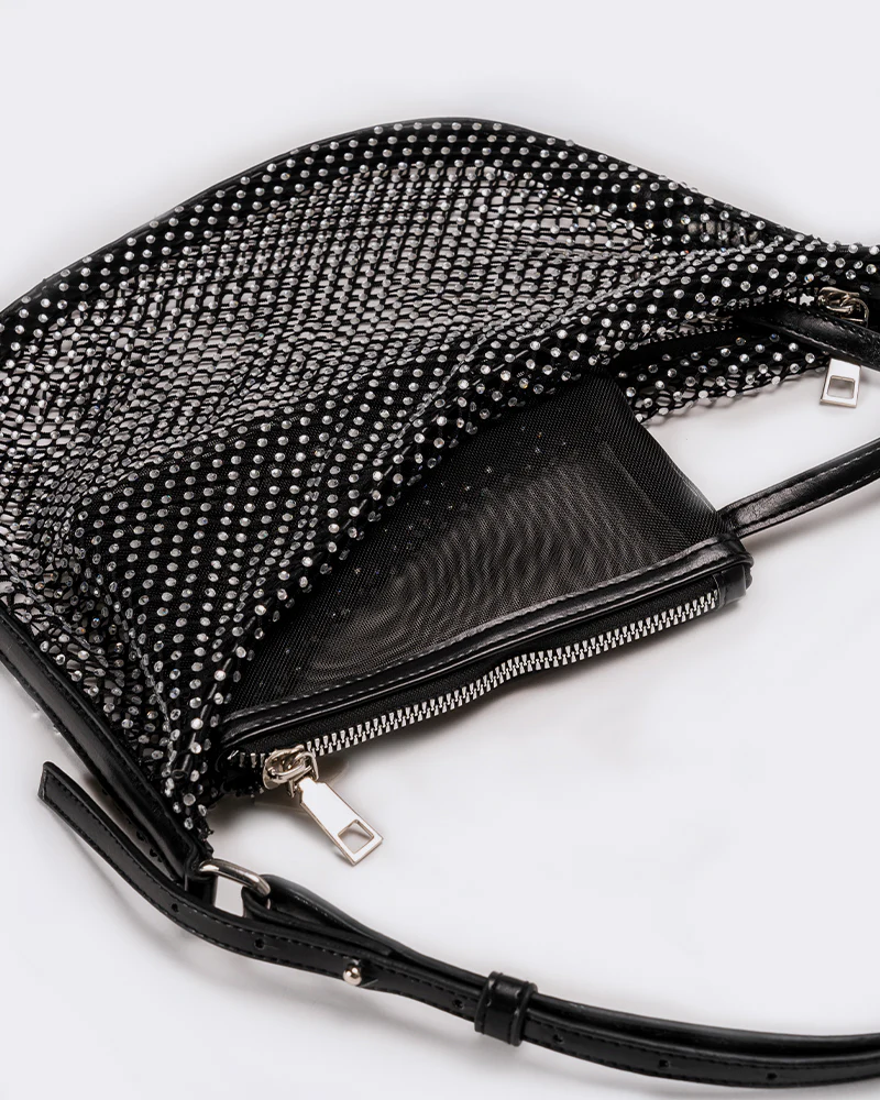Borsa donna mezzaluna con strass - Nero - Image 2