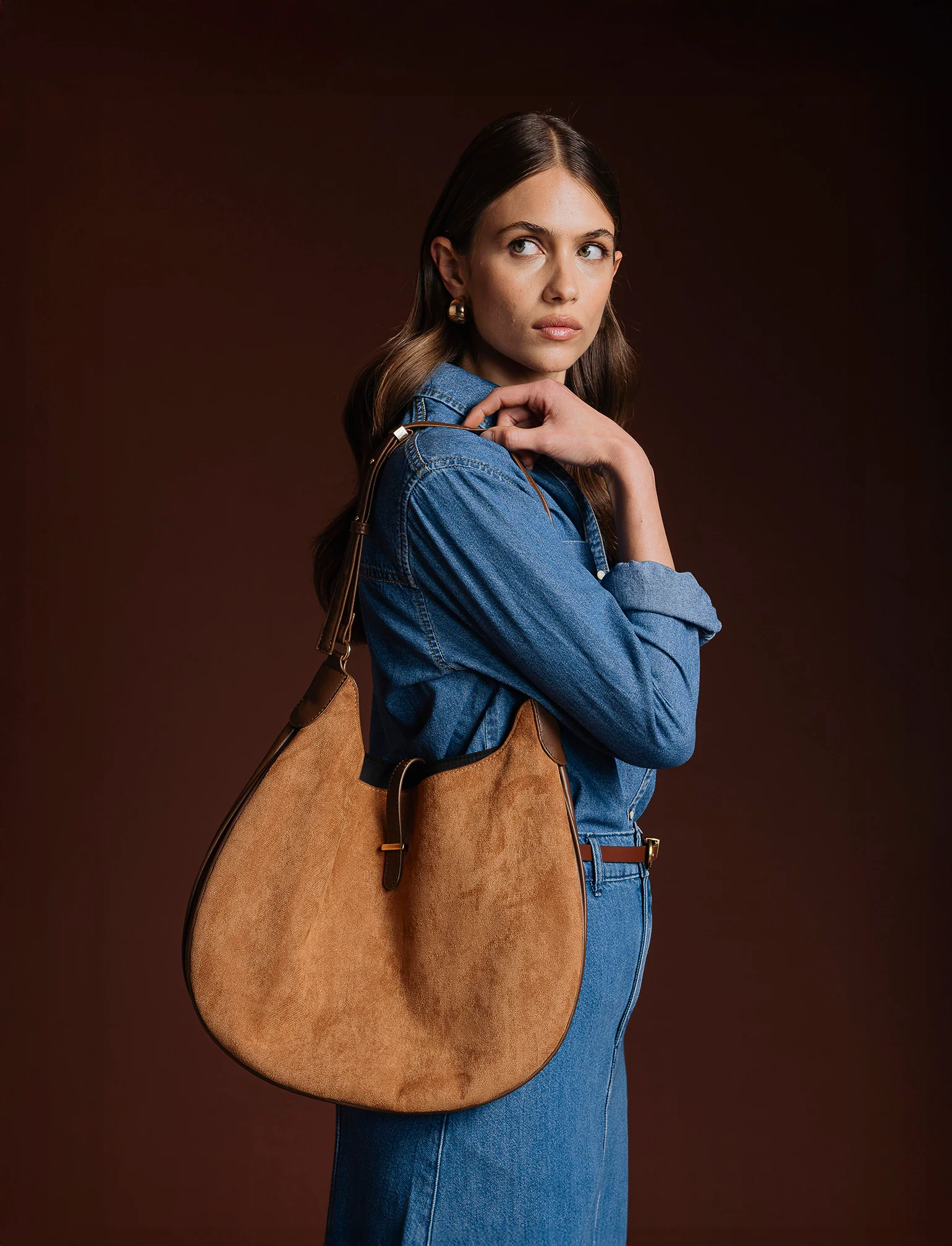 Borsa donna sacca mezzaluna in suede - Marrone