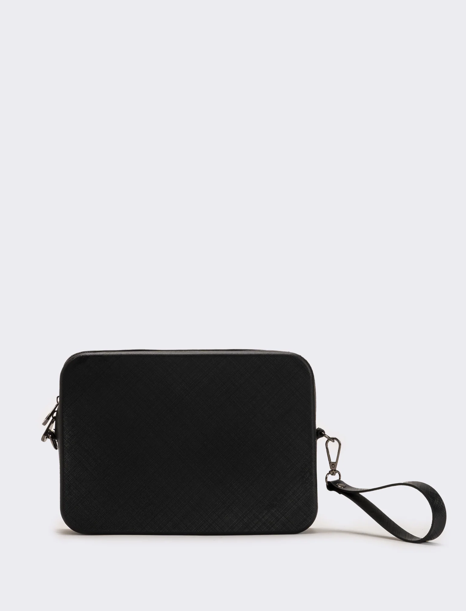 Borsa pochette uomo gommata con stampa saffiano,tracolla e maniglia - Nero