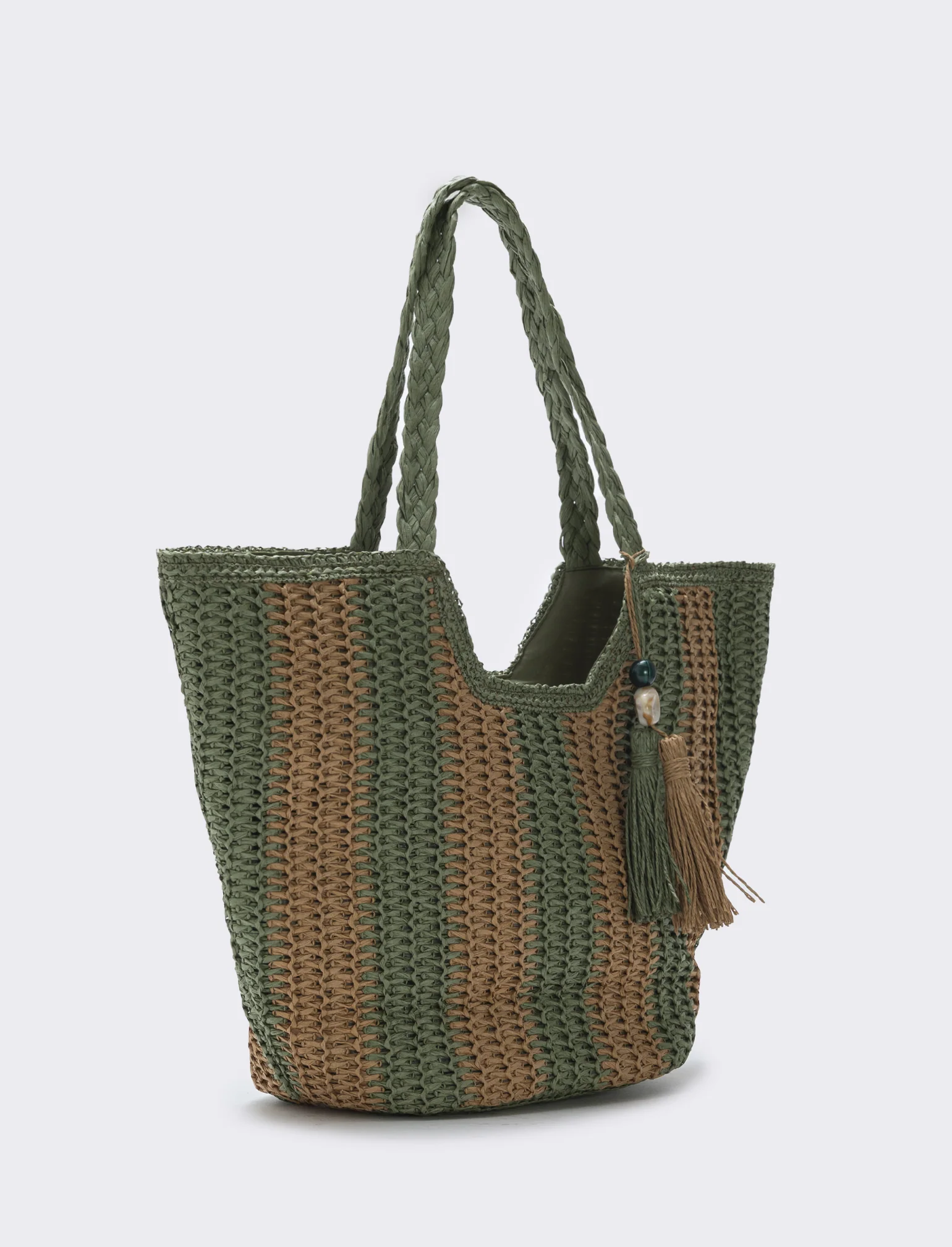 Borsa shopper in paglia a righe - Verde - Image 2