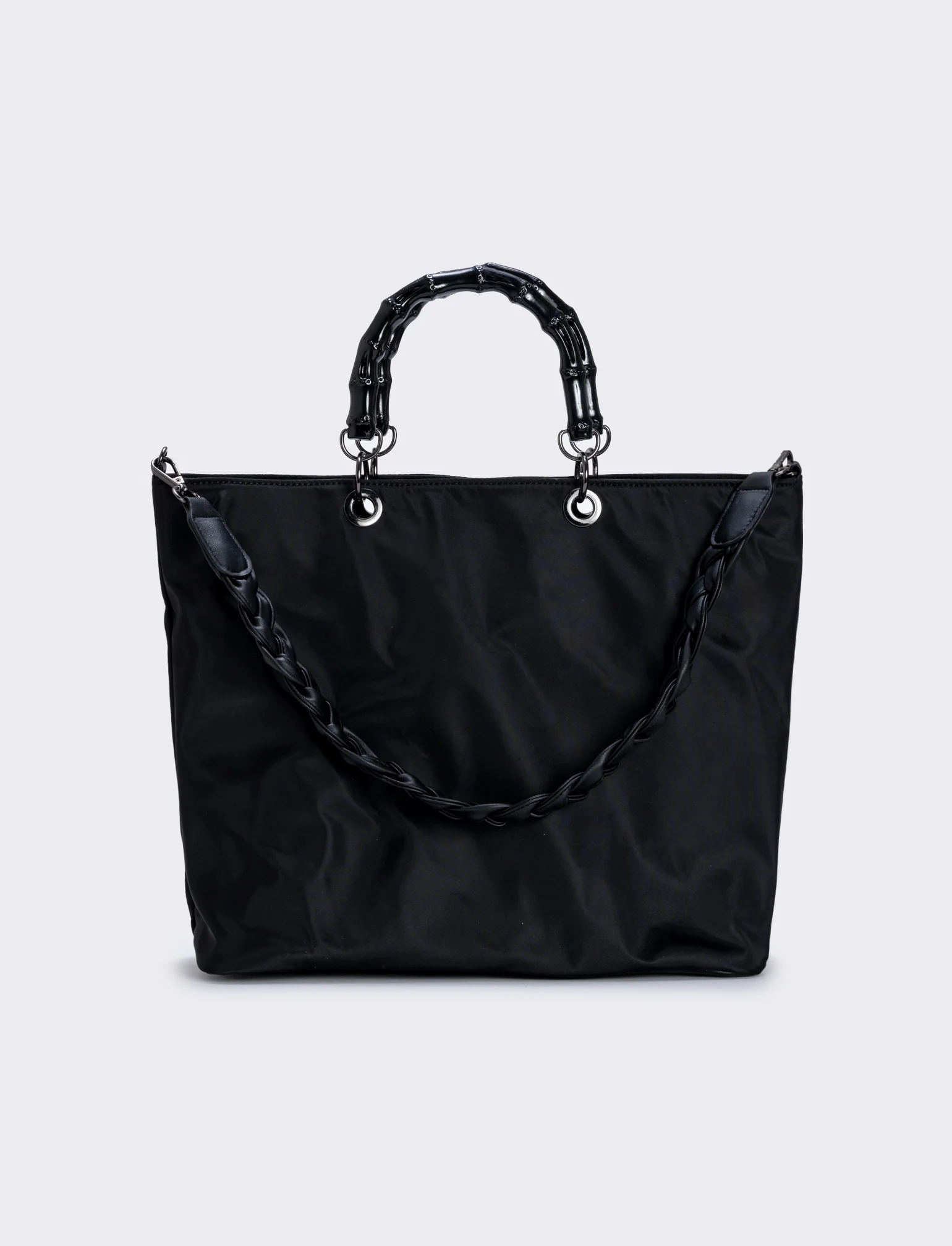 Borsa shopping nylon con manici bamboo - Nero