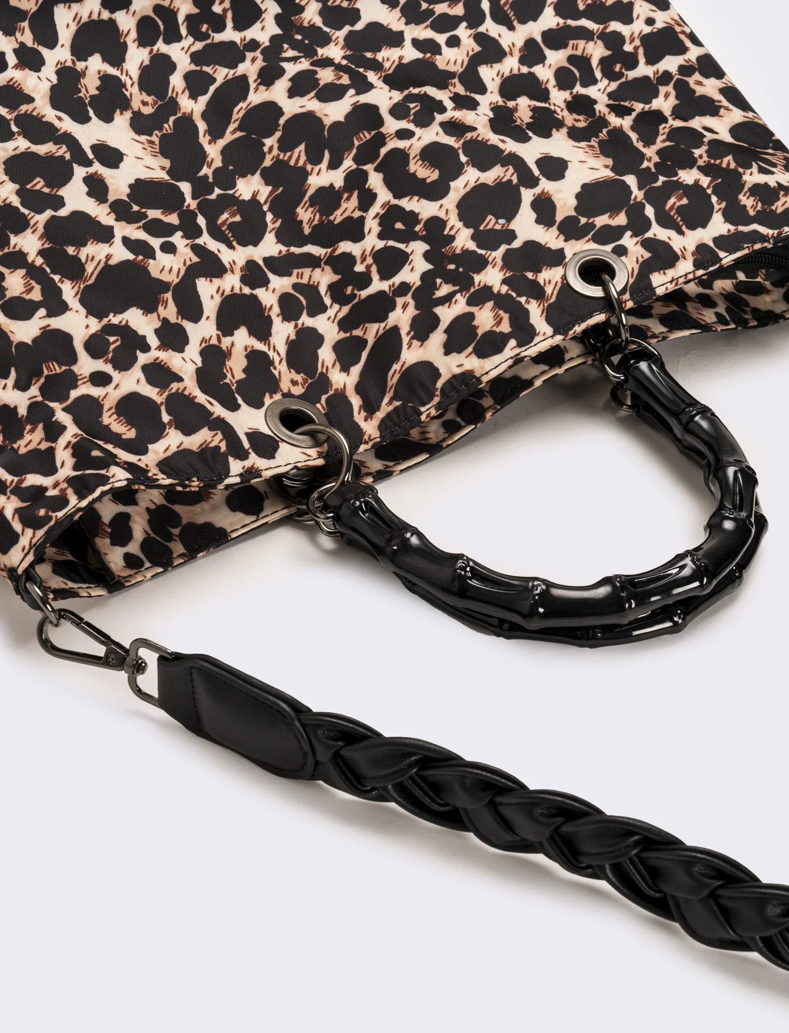 Borsa shopping nylon donna con manici bamboo - Leopardato - Image 3
