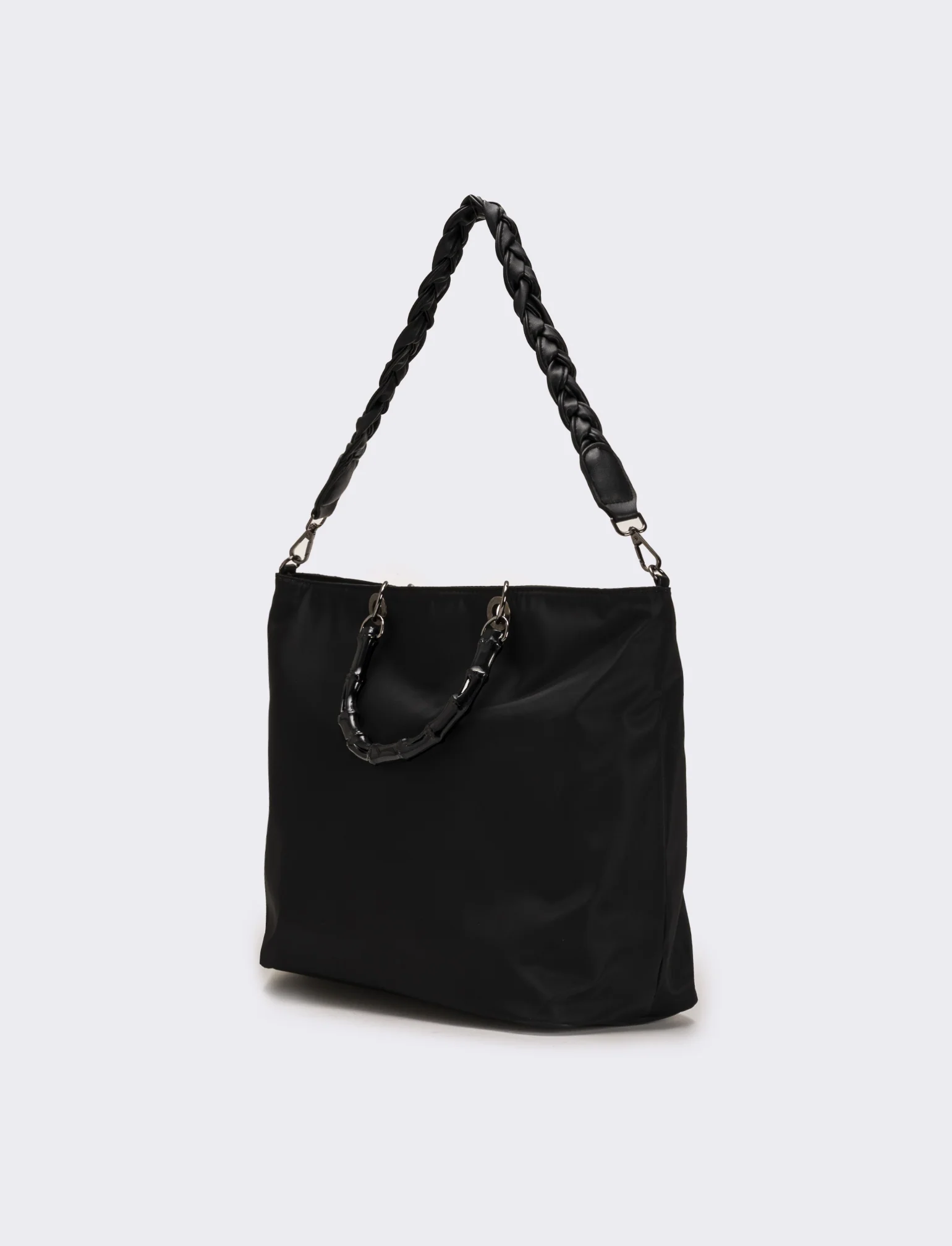 Borsa shopping nylon donna con manici bamboo - Nero - Image 2