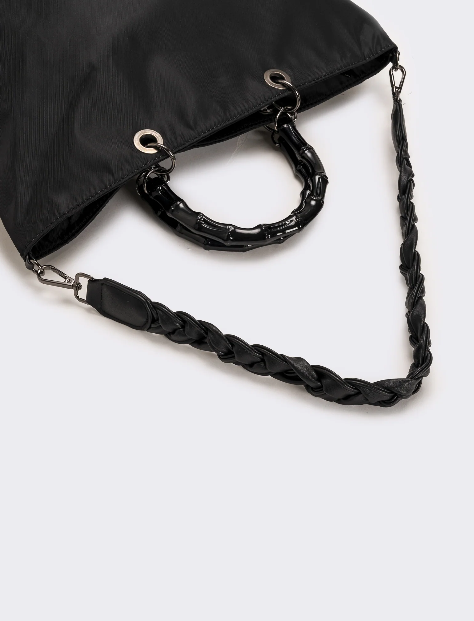Borsa shopping nylon donna con manici bamboo - Nero - Image 3