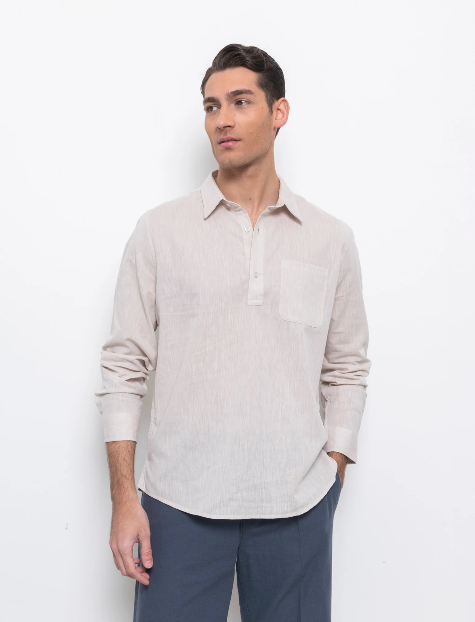 Camicia a casacca misto lino da uomo - Beige - Image 3