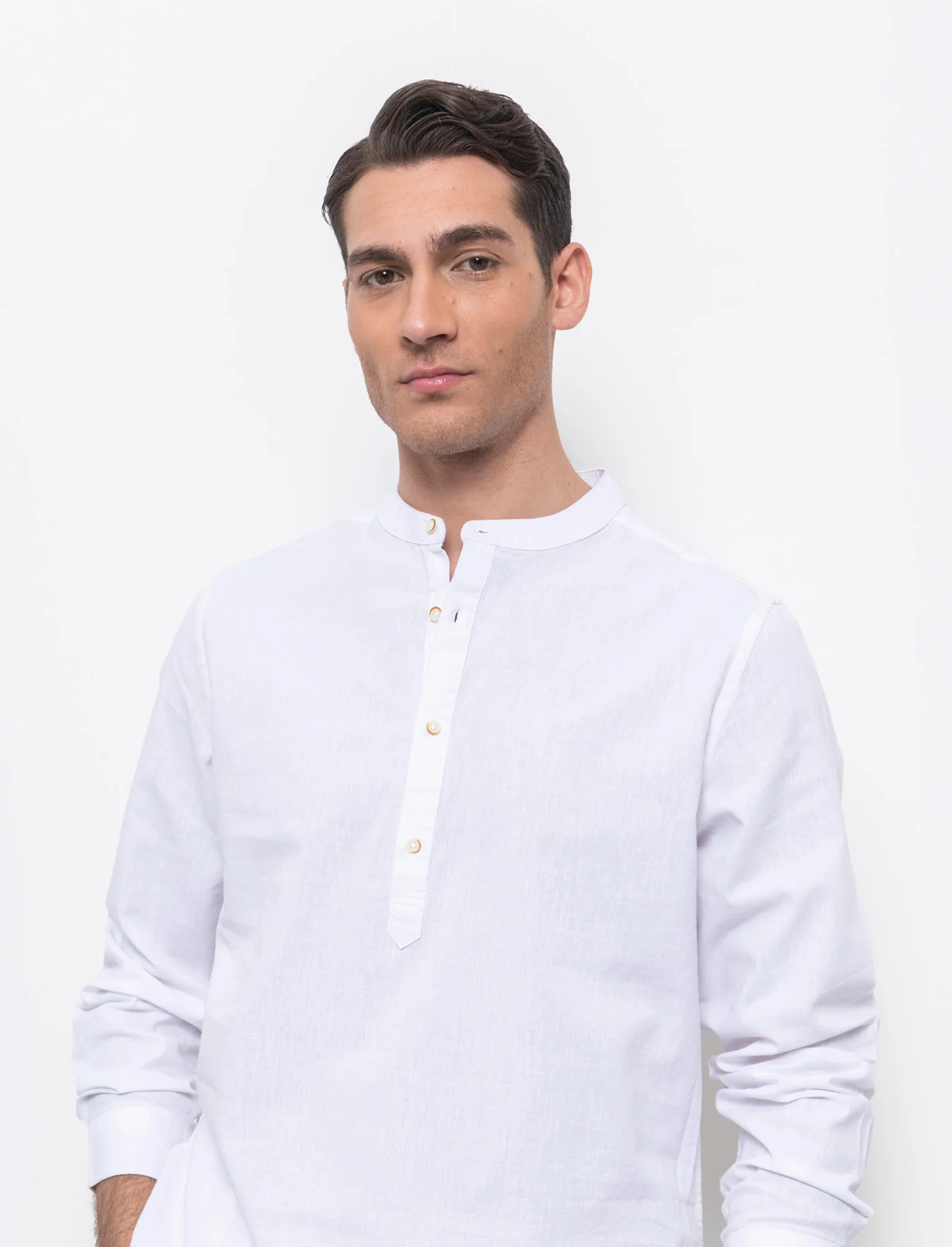 Camicia a casacca misto lino da uomo - Bianco