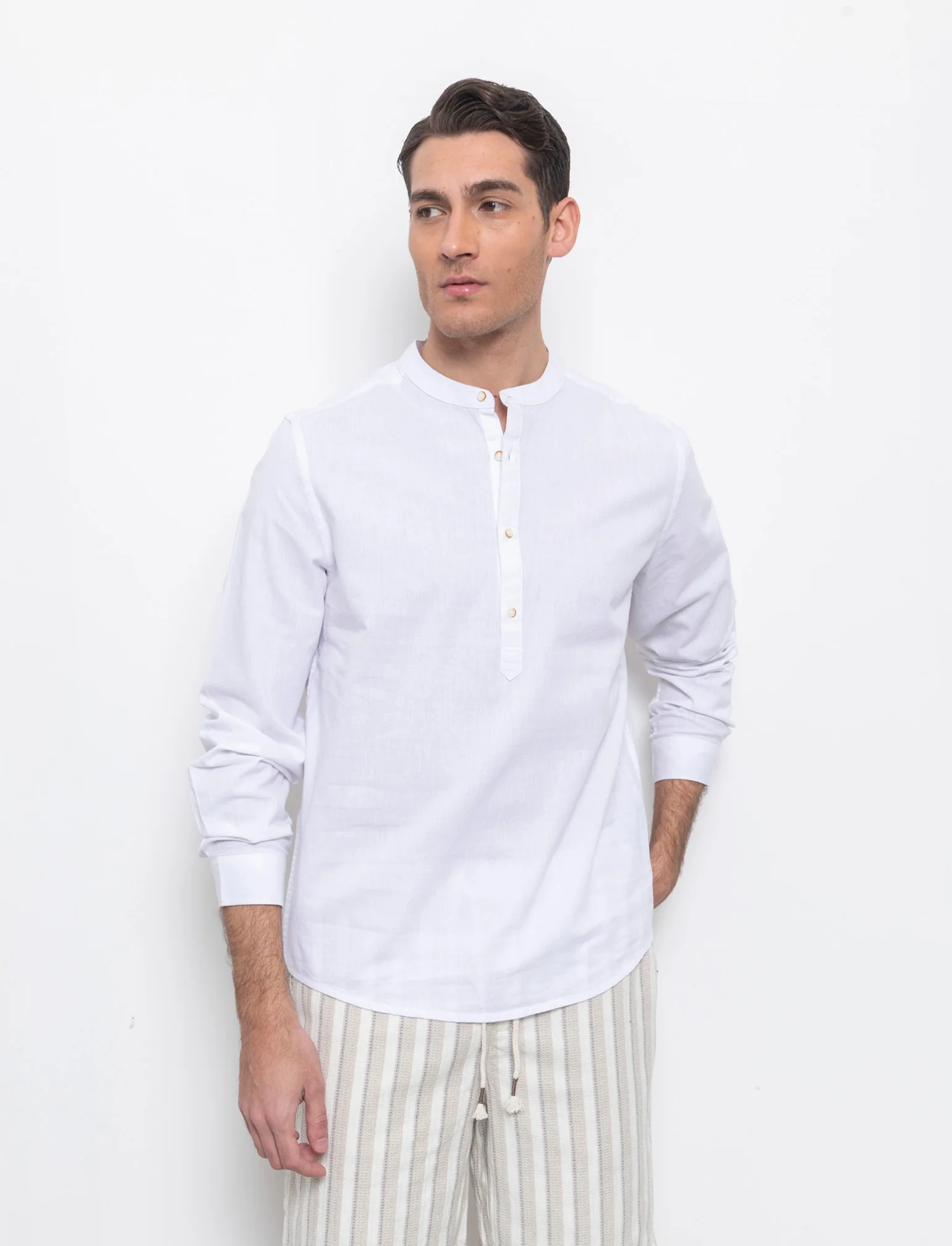 Camicia a casacca misto lino da uomo - Bianco - Image 3