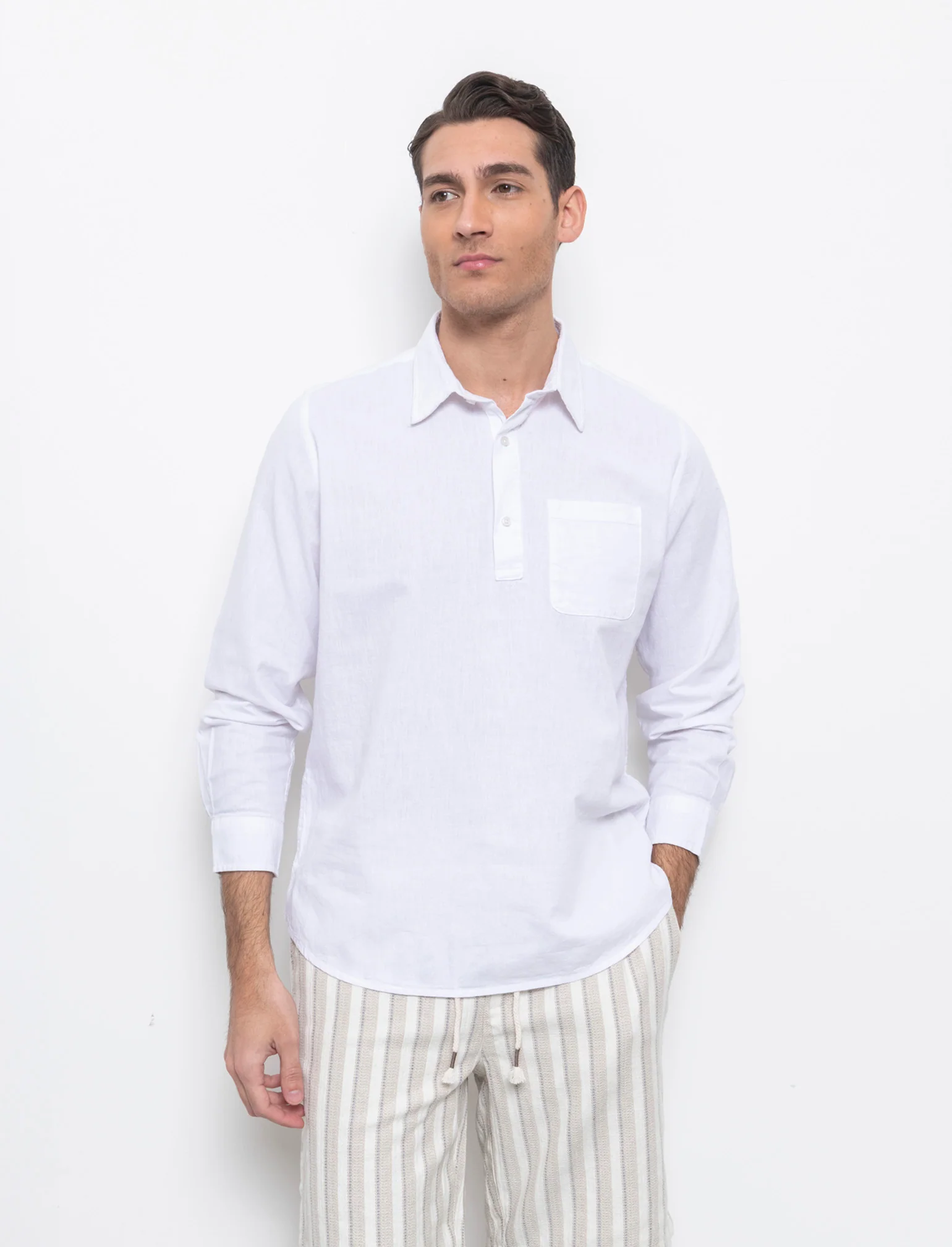 Camicia a casacca misto lino da uomo - Bianco - Image 3