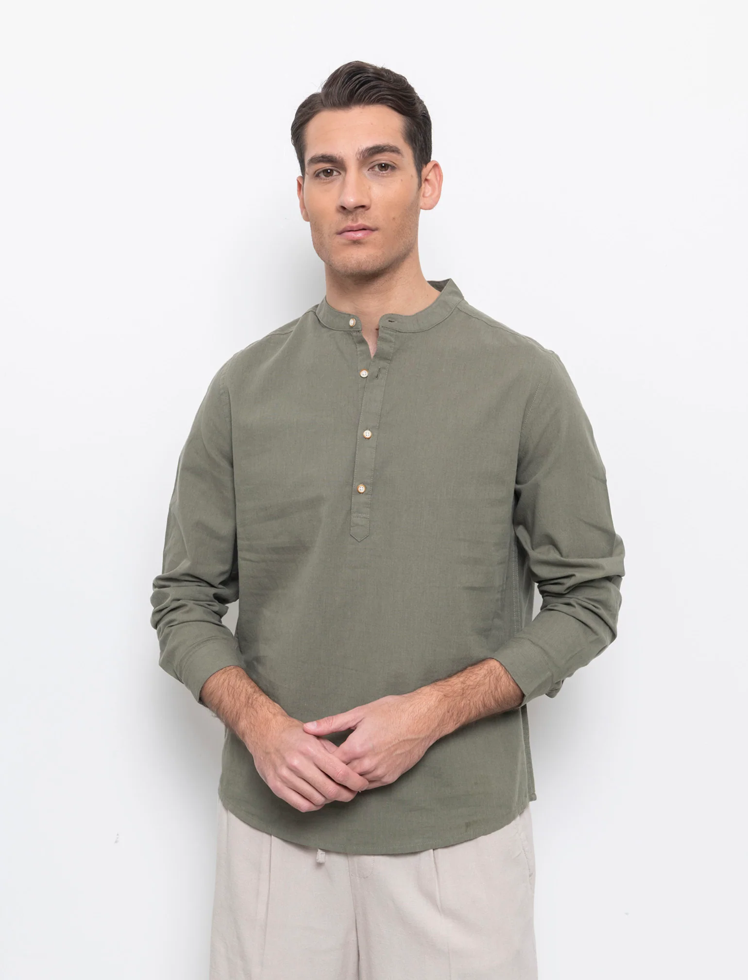 Camicia a casacca misto lino da uomo - Verde militare