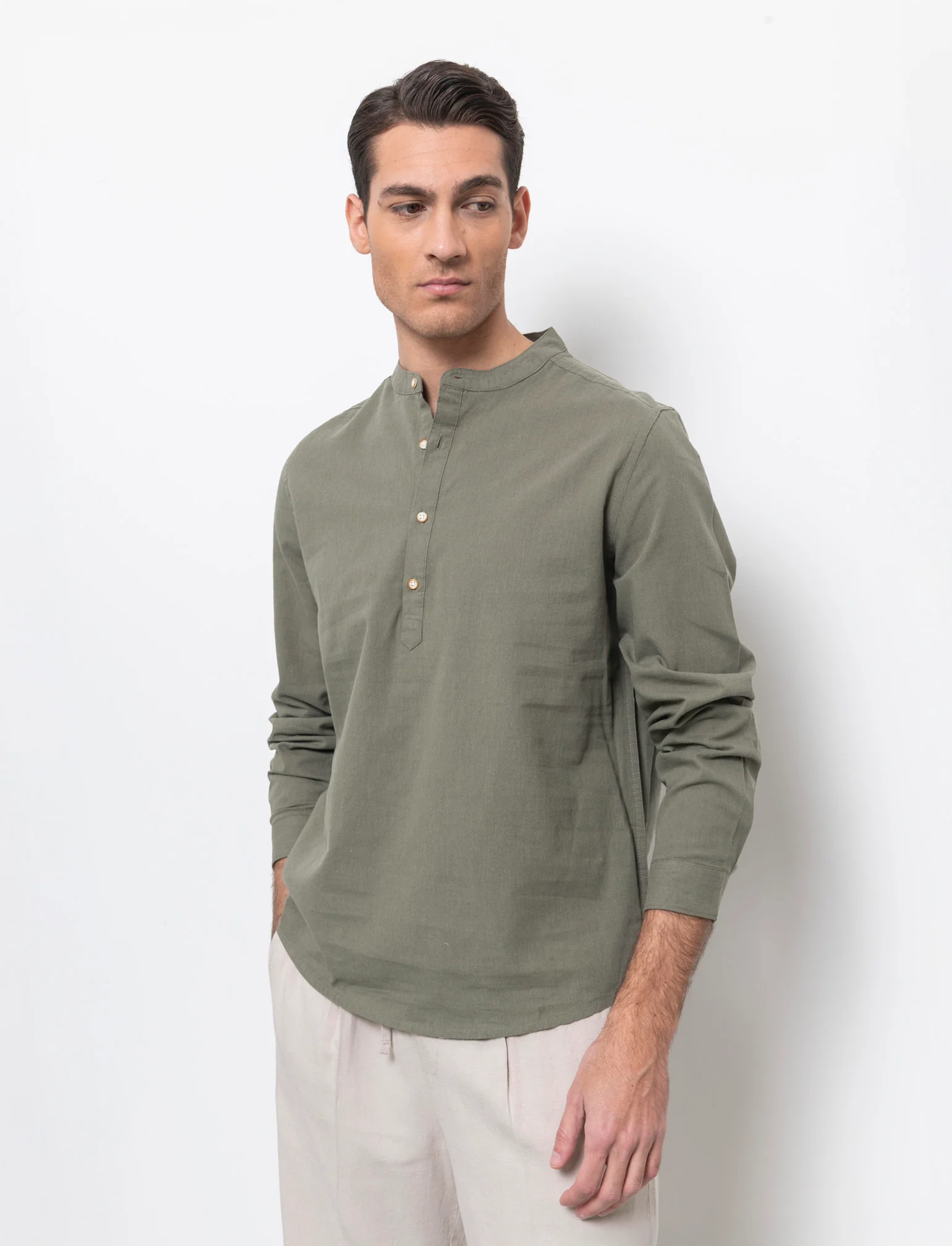 Camicia a casacca misto lino da uomo - Verde militare - Image 3
