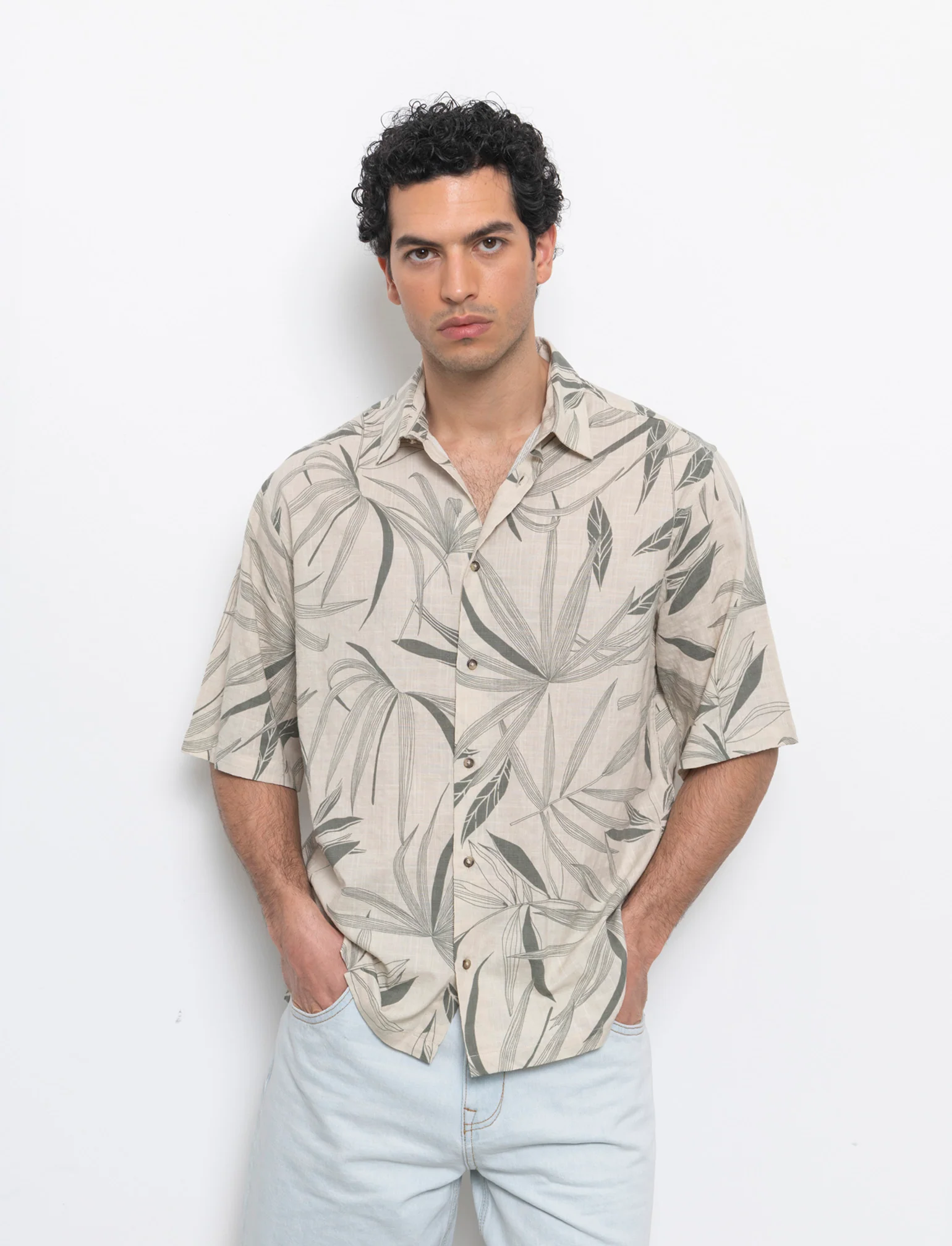 Camicia a fantasia in misto cotone slub da uomo - Beige - Image 3