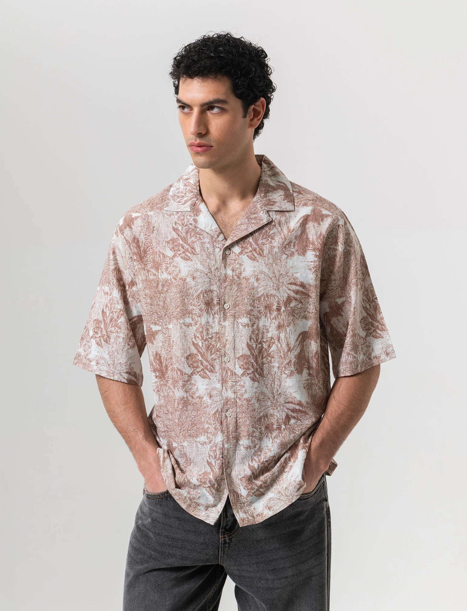 Camicia a fantasia in misto cotone slub da uomo - Beige - Image 3