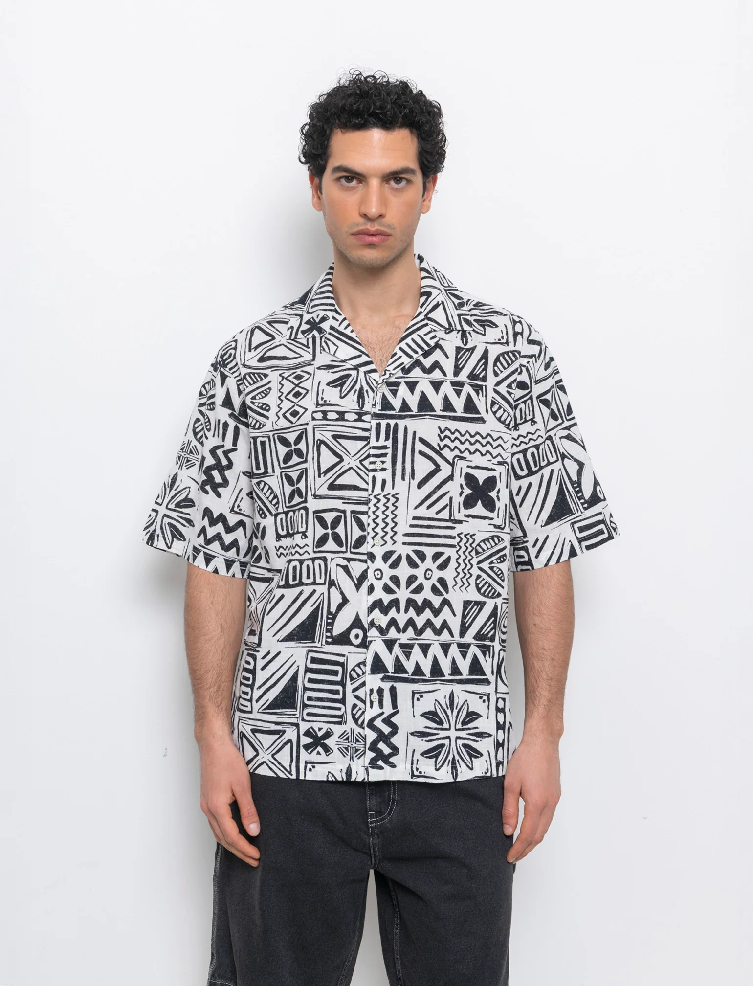 Camicia a fantasia in misto cotone slub da uomo - Bianco