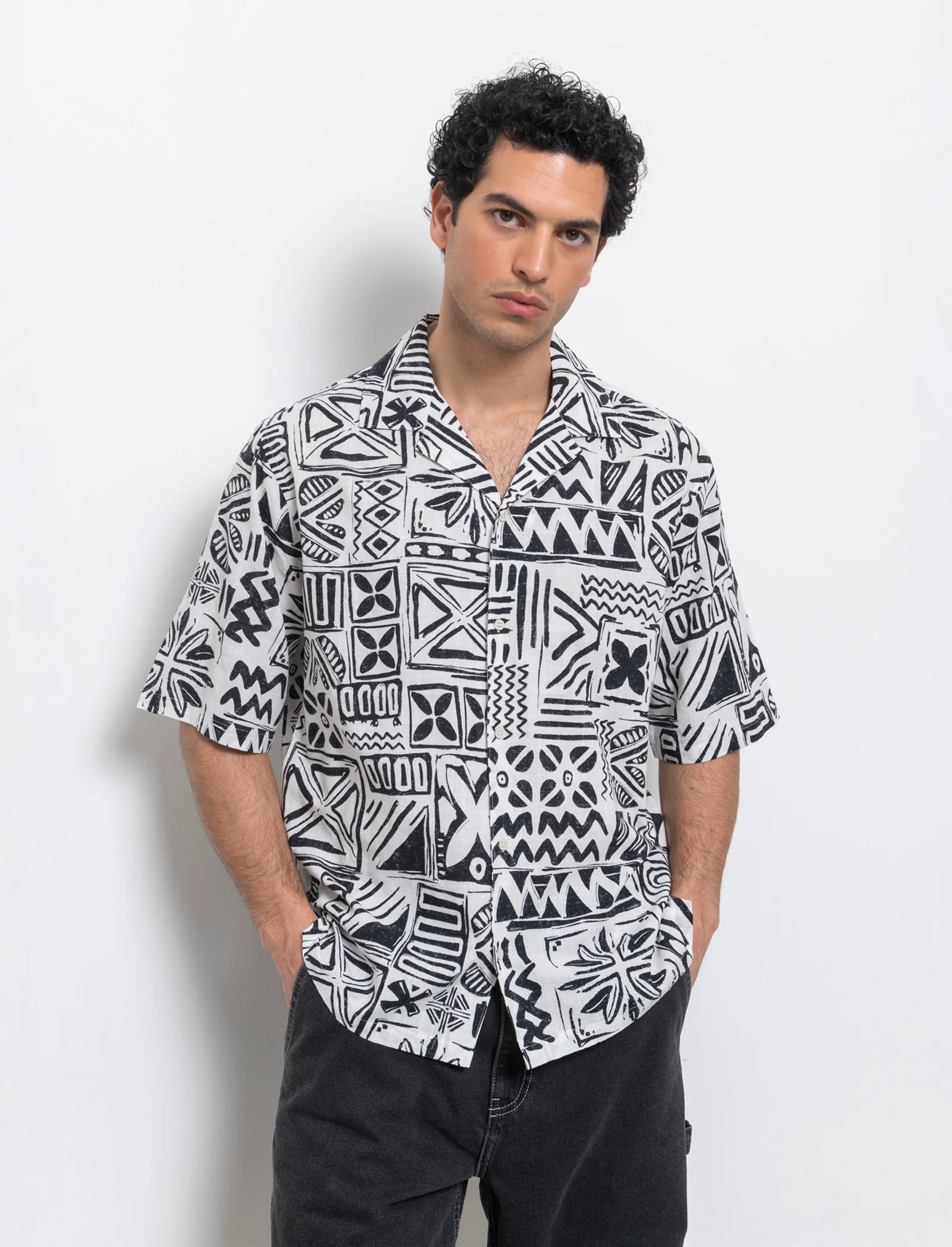 Camicia a fantasia in misto cotone slub da uomo - Bianco - Image 3