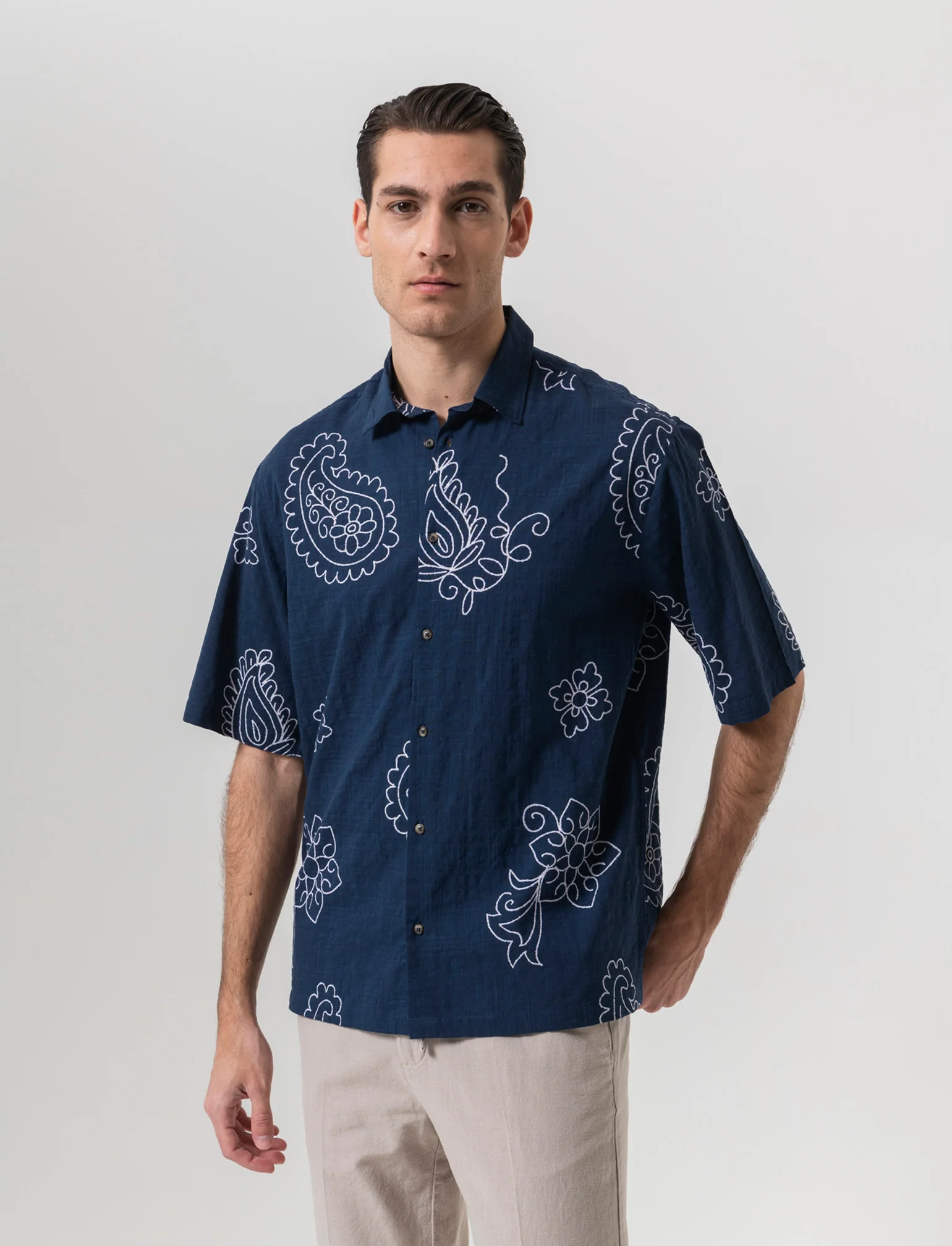 Camicia a fantasia in misto cotone slub da uomo - Blu - Image 3