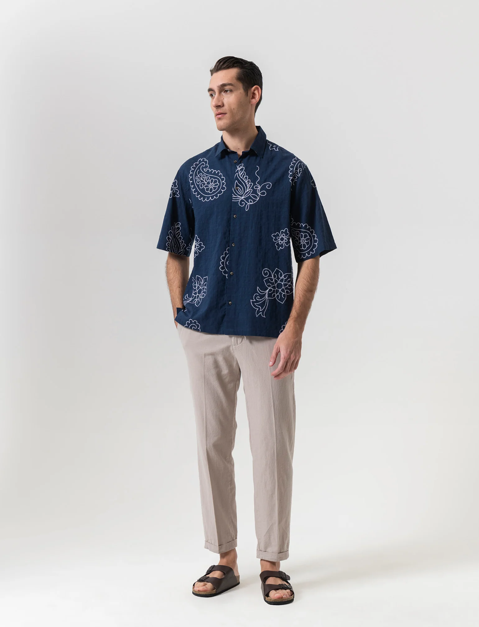 Camicia a fantasia in misto cotone slub da uomo - Blu - Image 4