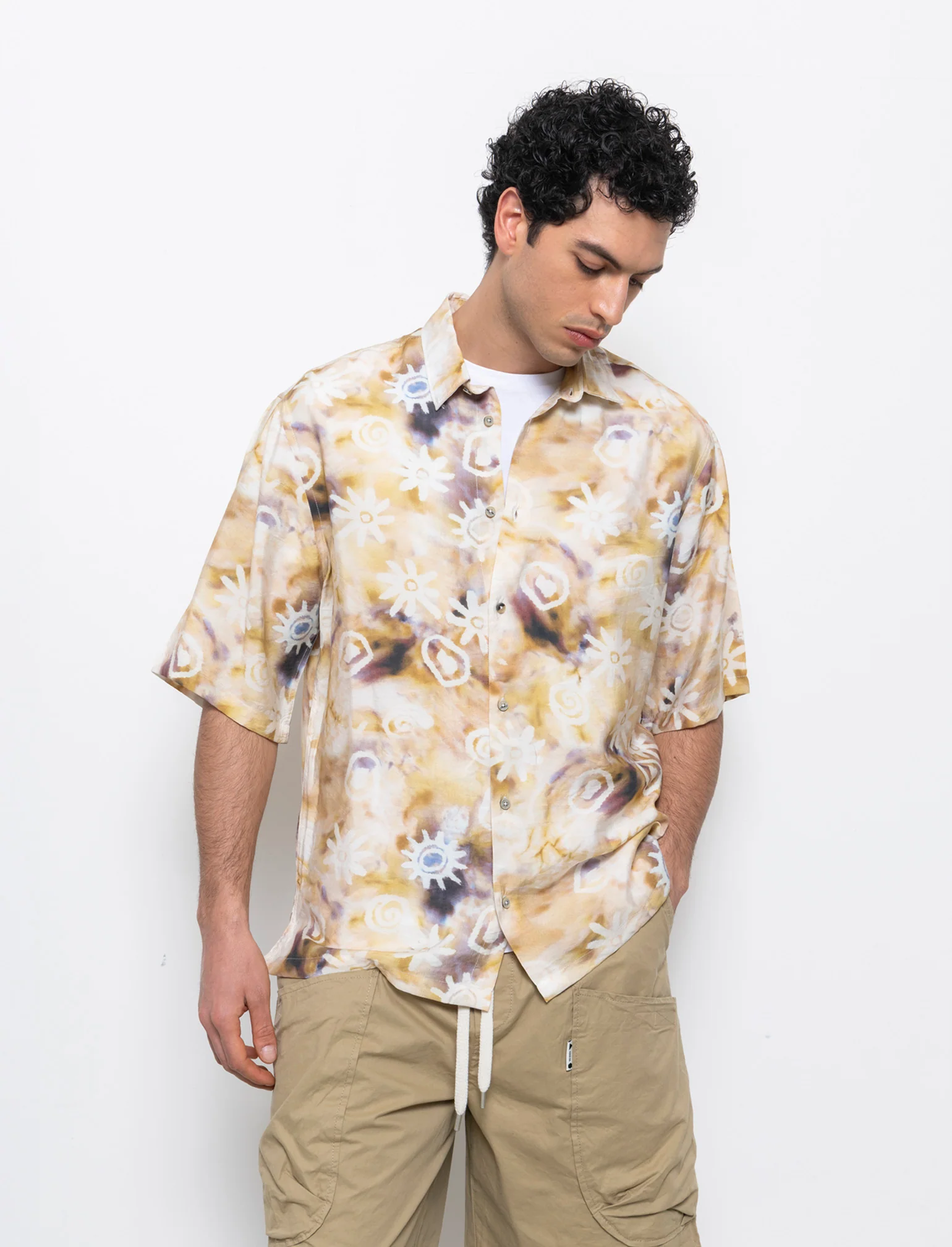 Camicia a fantasia in viscosa nylon da uomo - Beige - Image 3