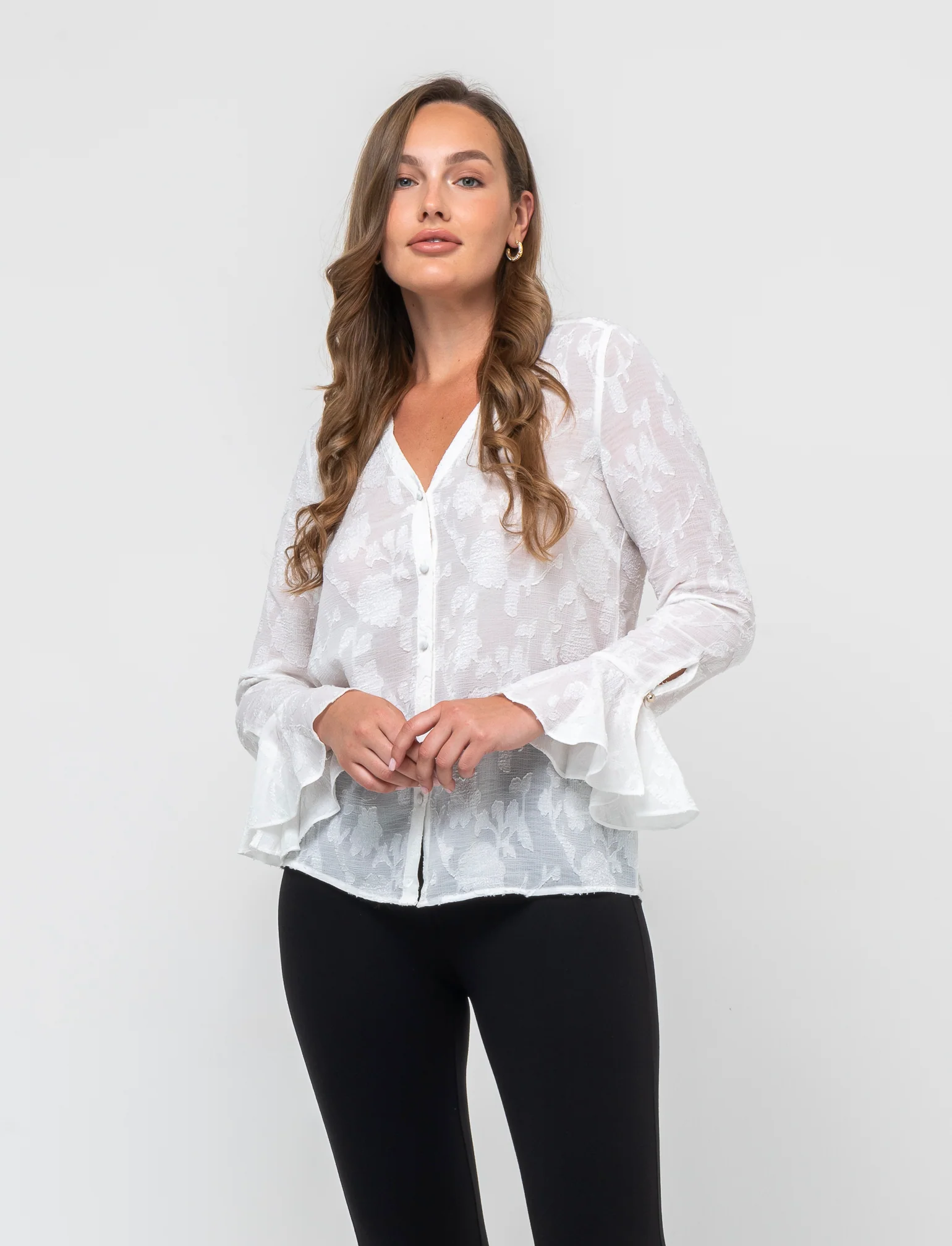 Camicia a manica lunga con scollo a V da donna - Bianco latte - Image 3