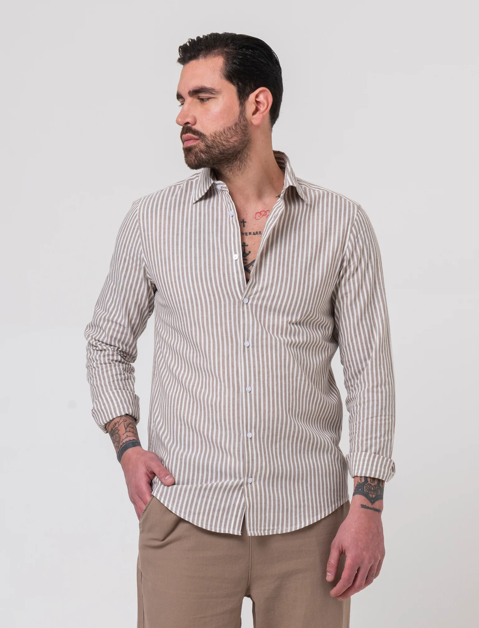 Camicia a righe da uomo - Grigio fango