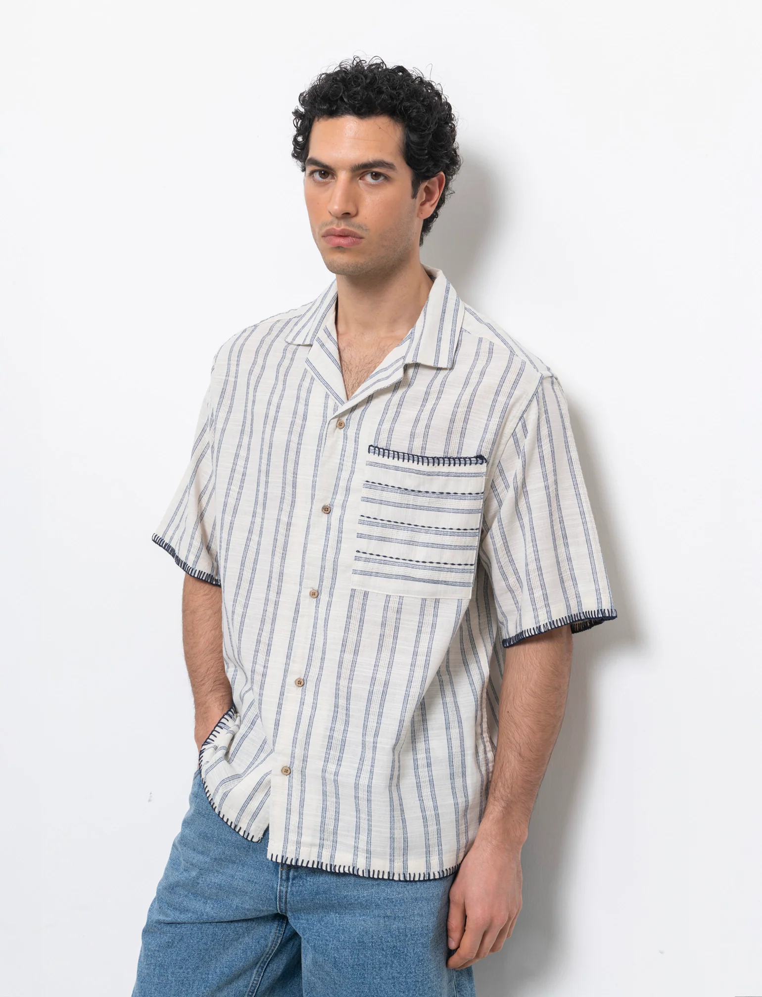 Camicia a righe effetto lino da uomo - Beige ecru
