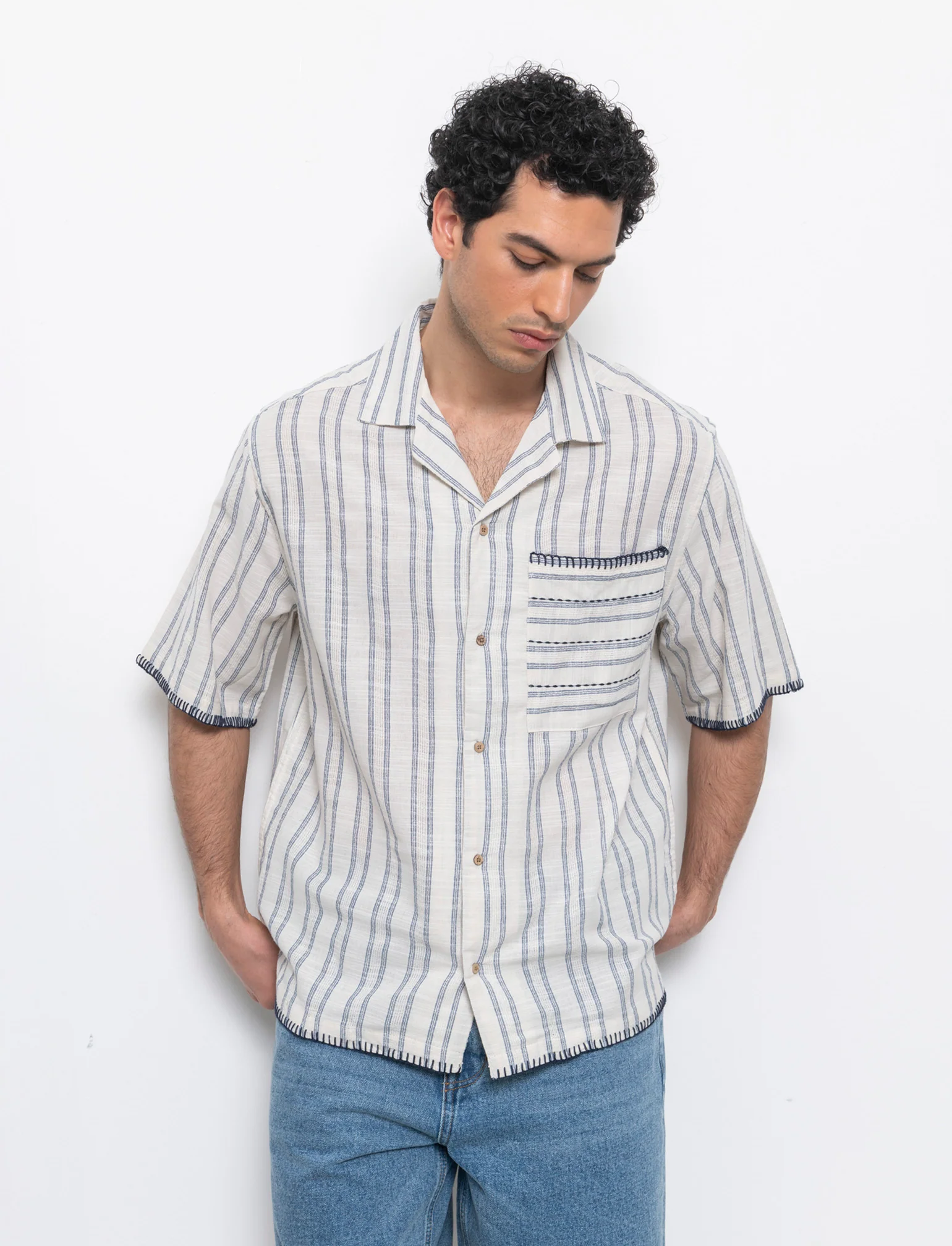 Camicia a righe effetto lino da uomo - Beige ecru - Image 2