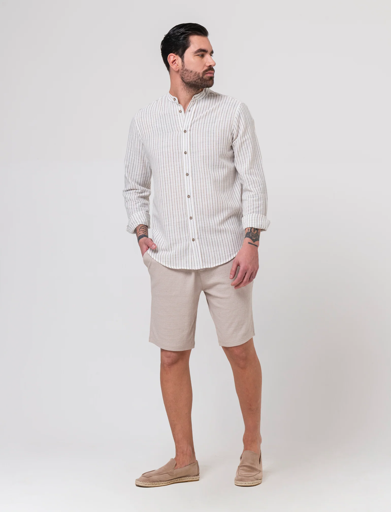 Camicia a righe effetto lino da uomo - Bianco - Image 2