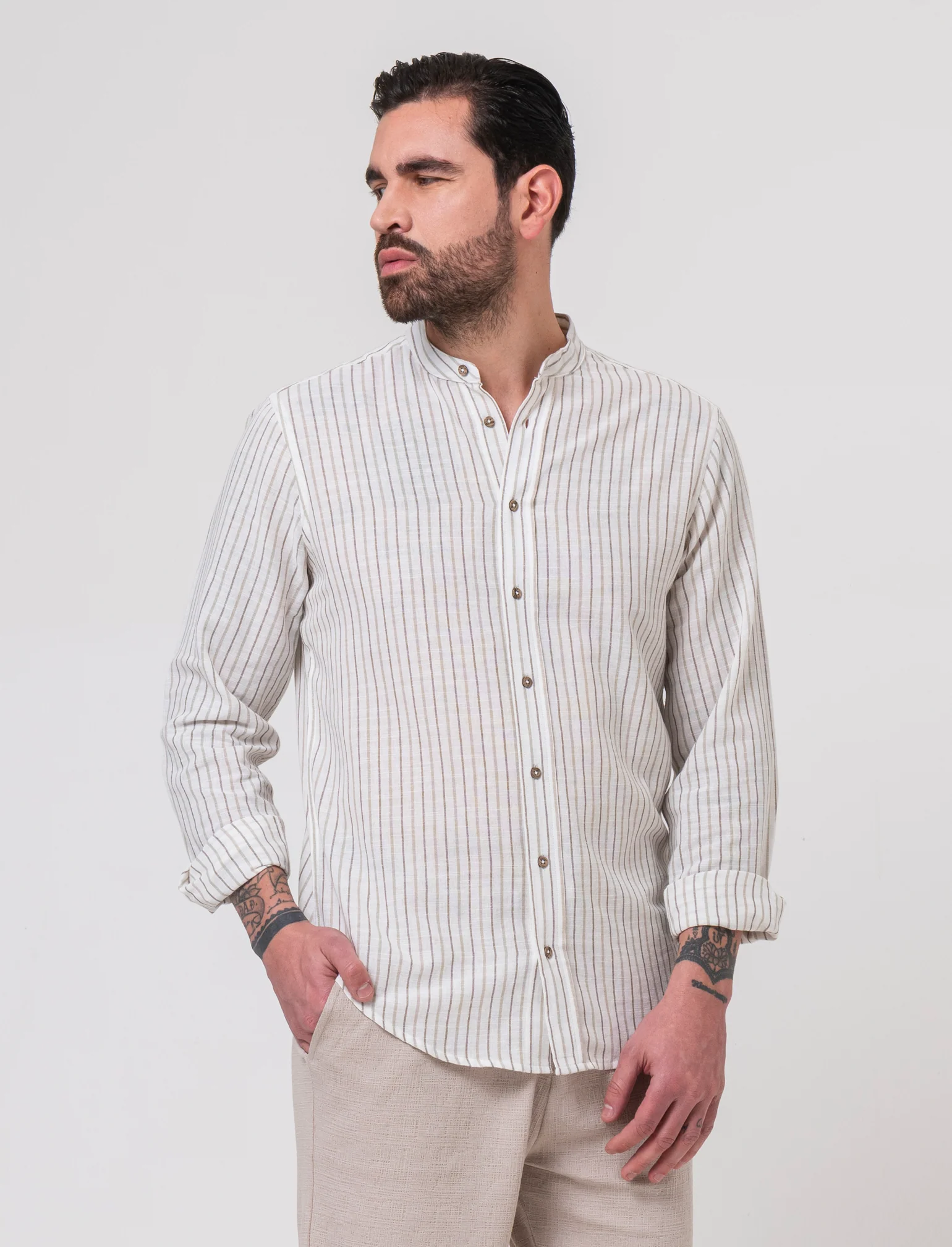 Camicia a righe effetto lino da uomo - Bianco - Image 3