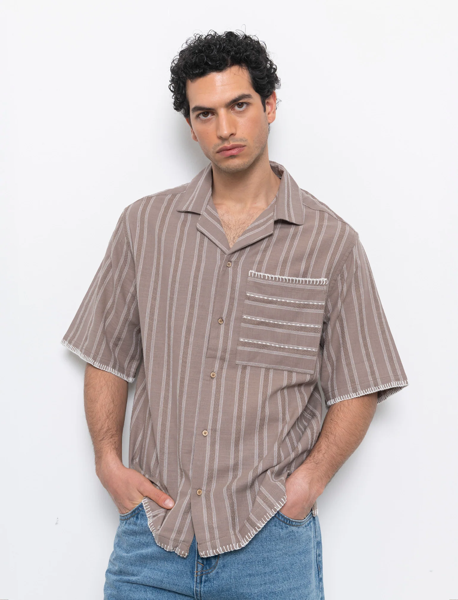 Camicia a righe effetto lino da uomo - Grigio tortora