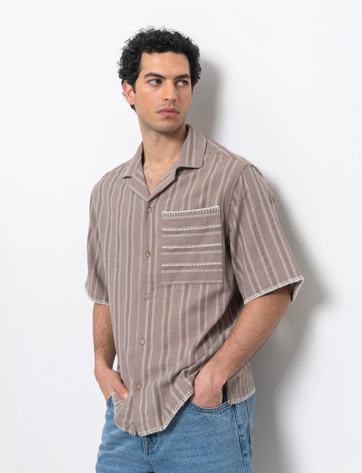 Camicia a righe effetto lino da uomo - Grigio tortora - Image 3