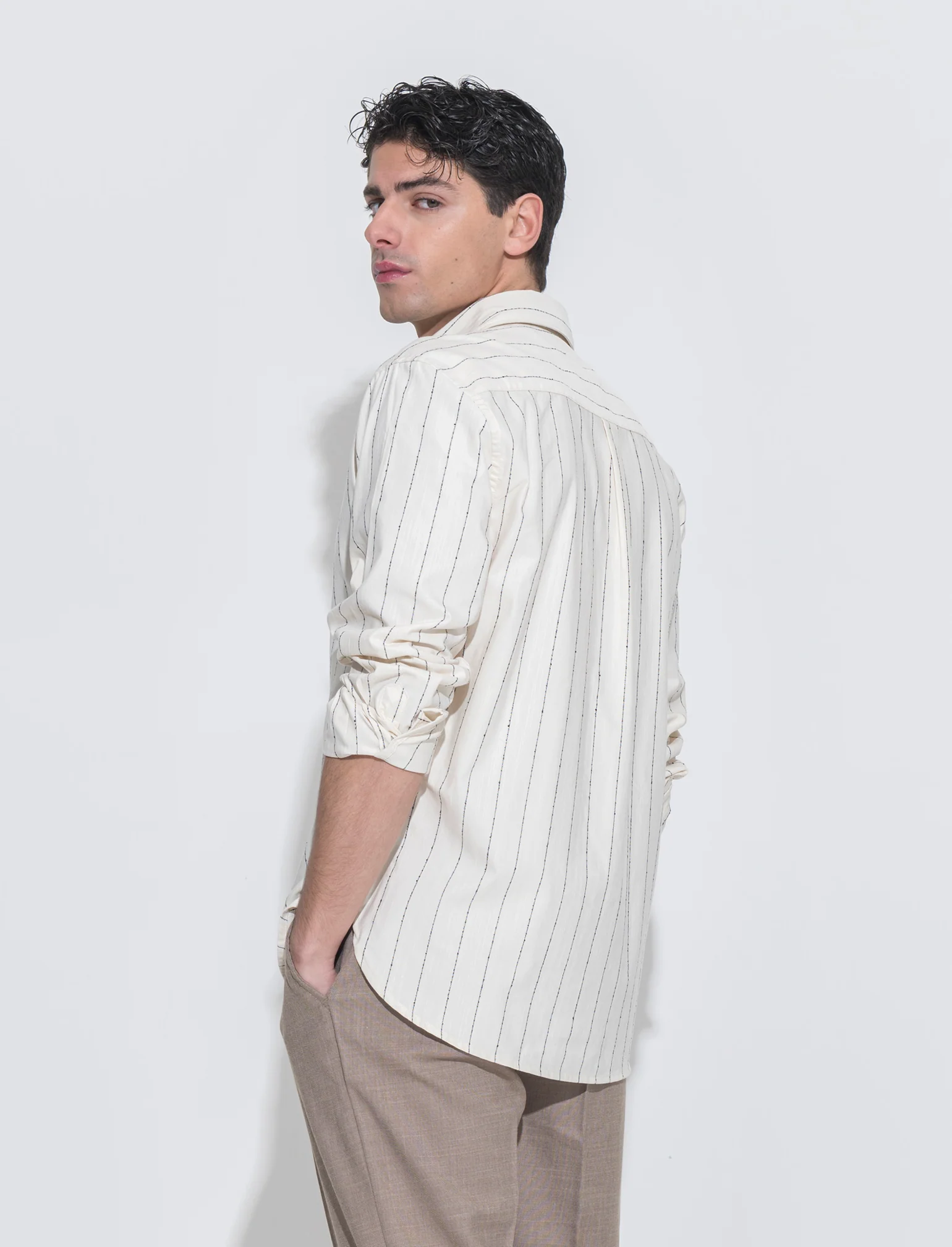 Camicia a righe in tessuto slub da uomo - Beige - Image 2