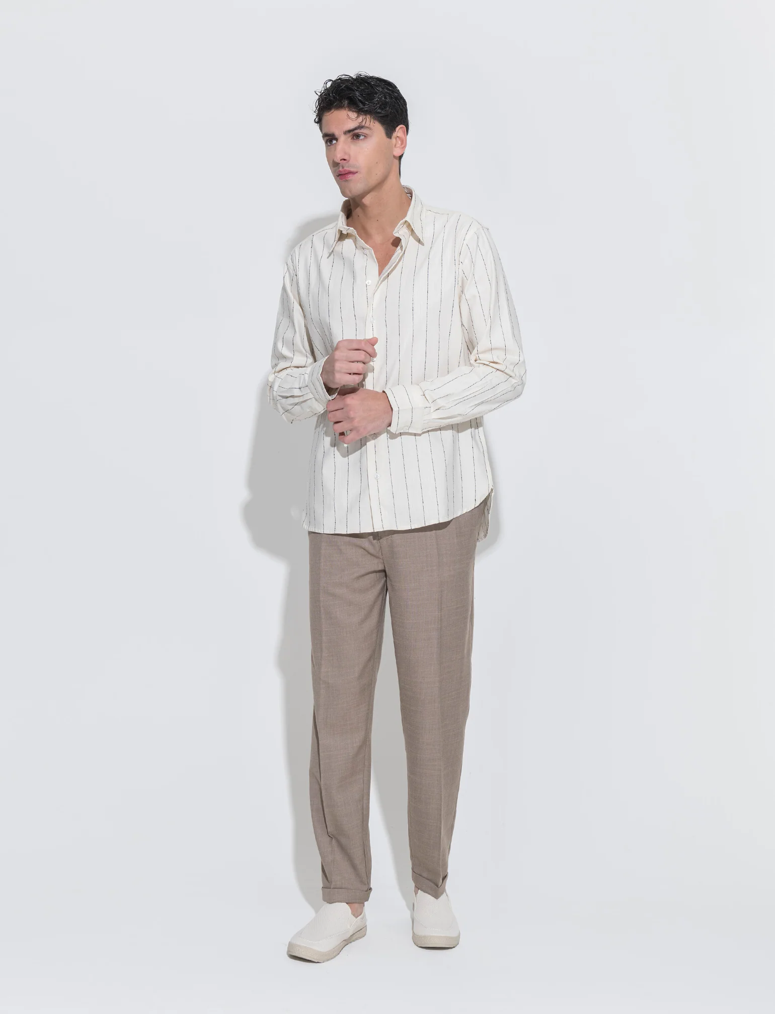 Camicia a righe in tessuto slub da uomo - Beige - Image 3
