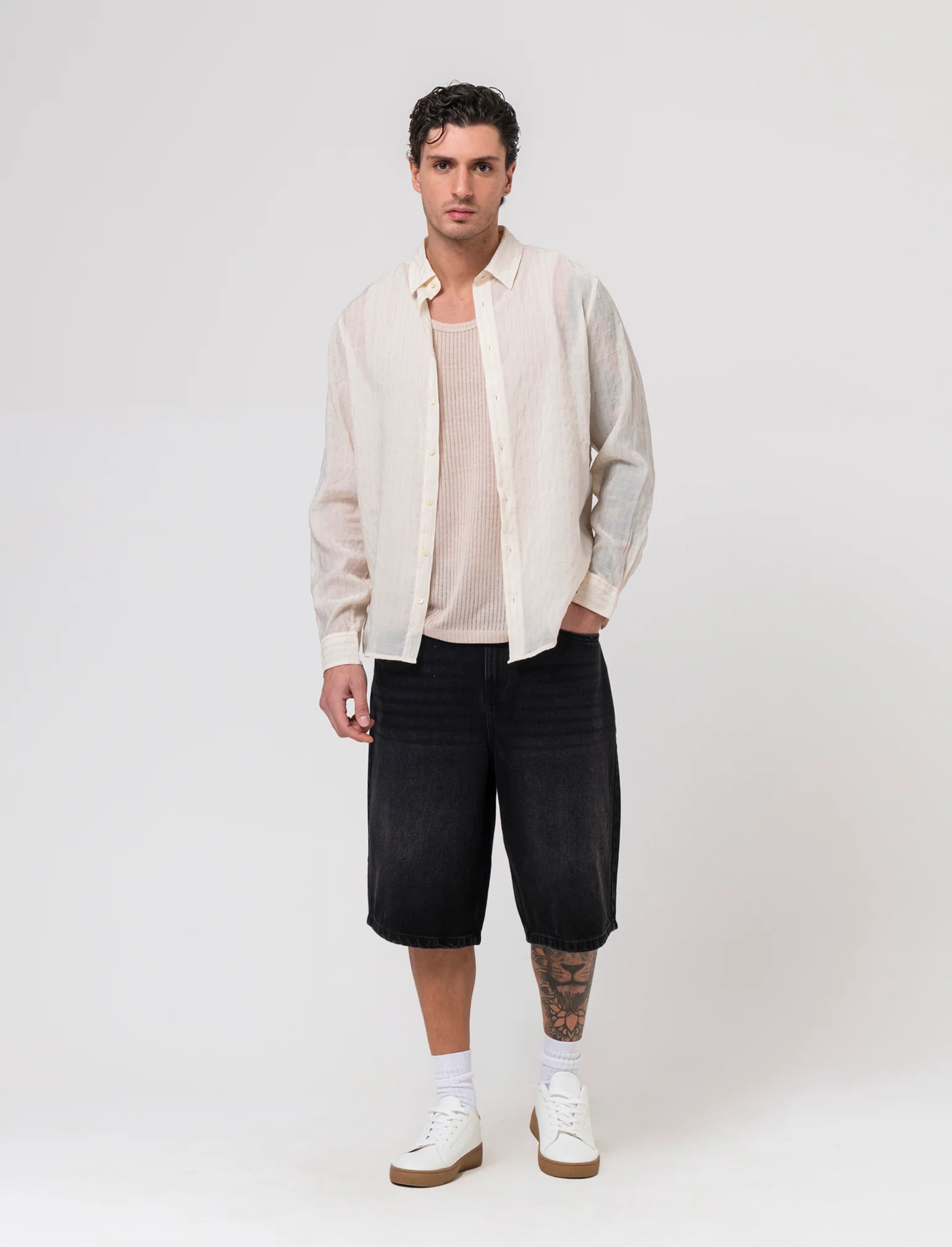 Camicia a righe premium quality da uomo - Beige ecru - Image 2