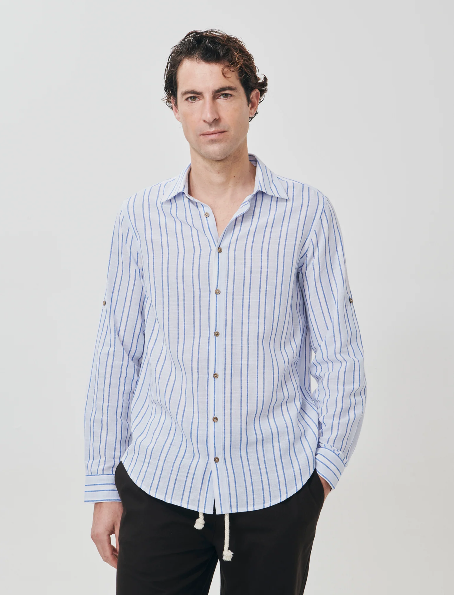 Camicia a righe regular fit in cotone - Celeste polvere - Image 4