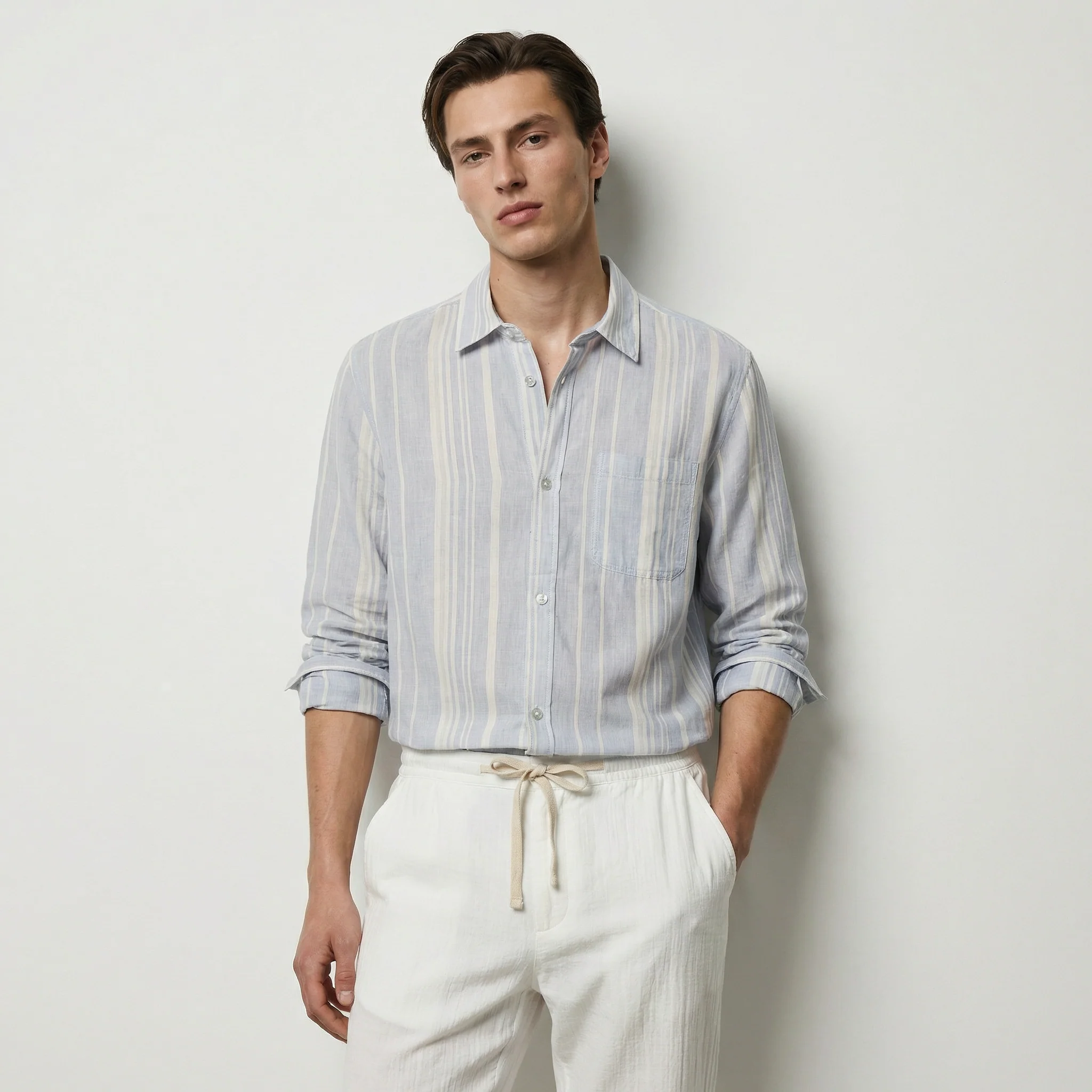 Camicia a righe regular fit in lino cotone - Celeste - Image 3