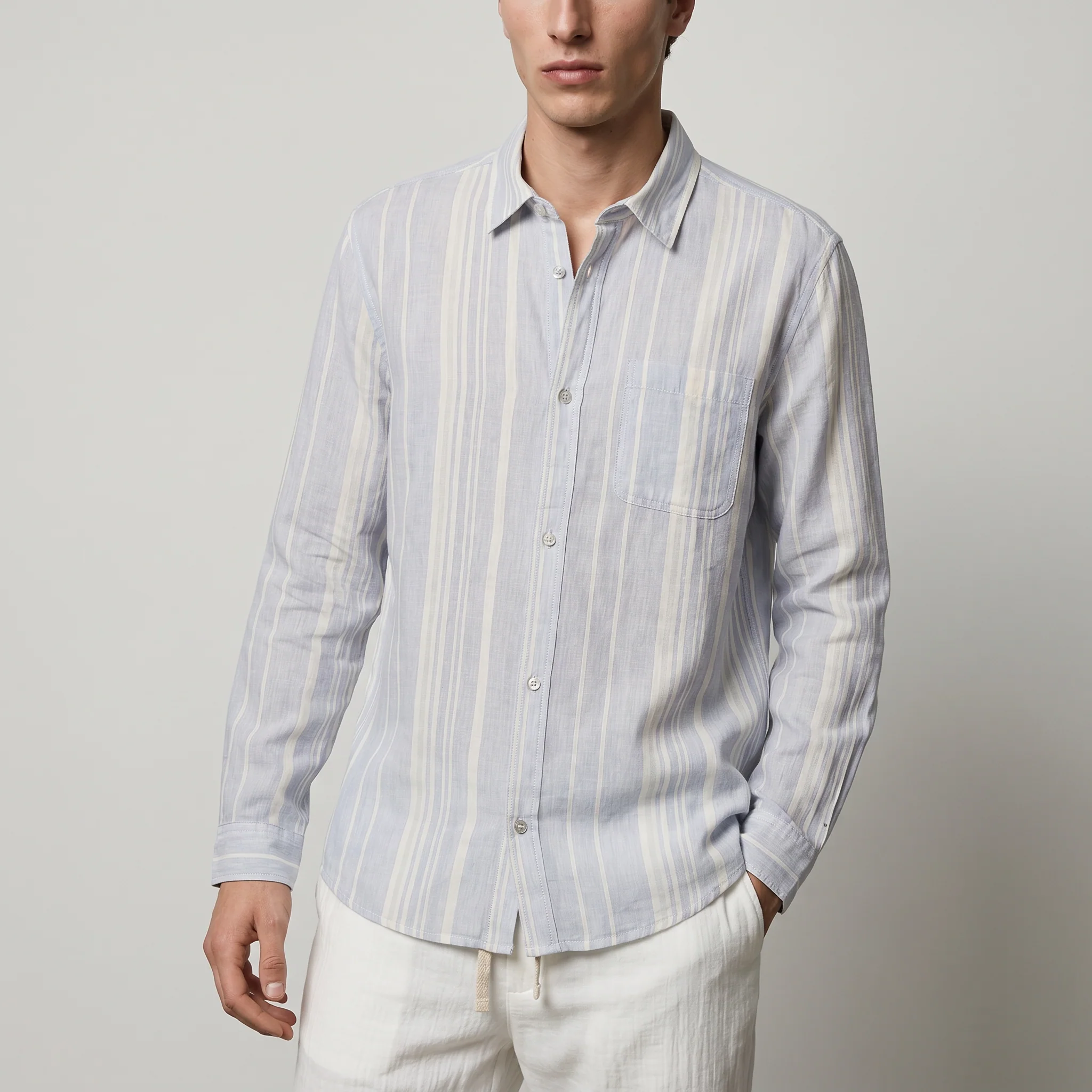 Camicia a righe regular fit in lino cotone - Celeste - Image 4