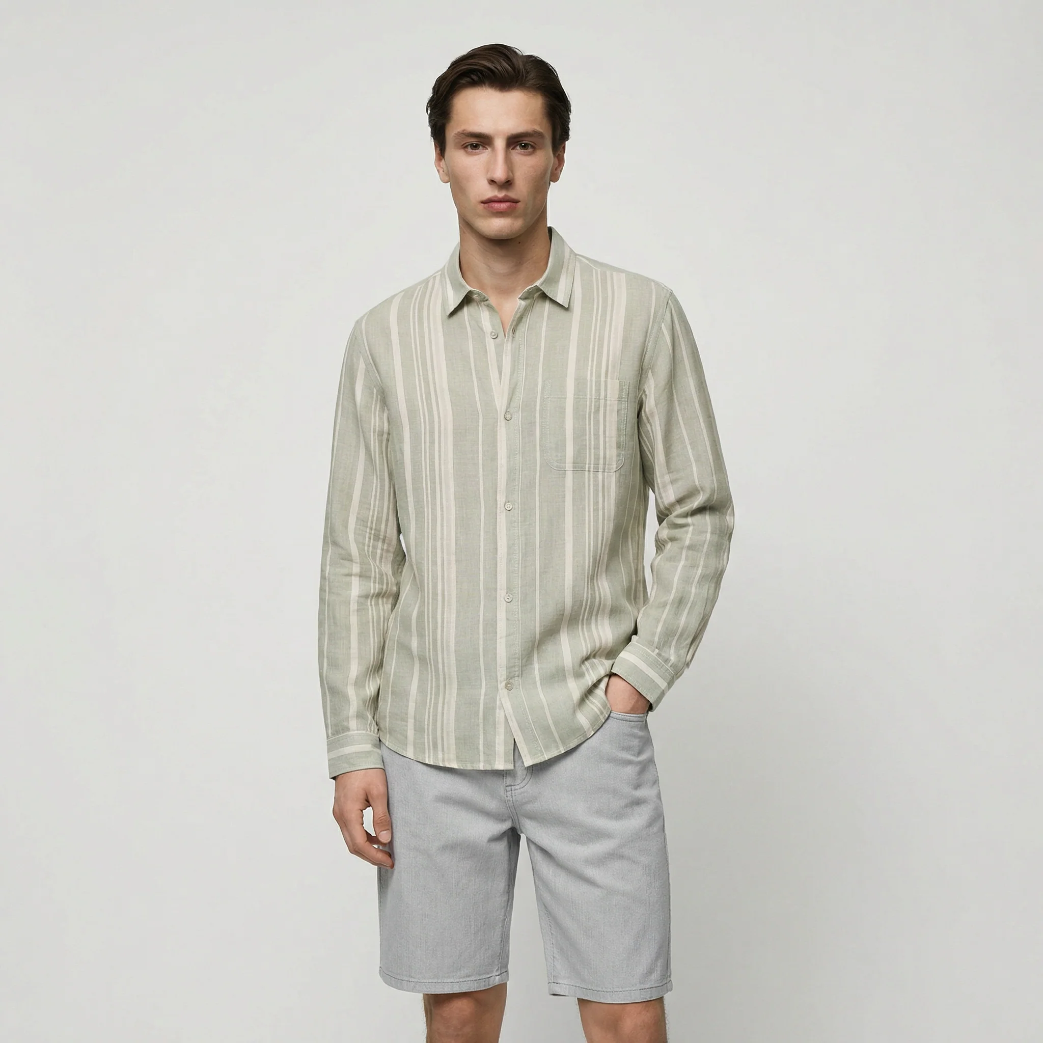 Camicia a righe regular fit in lino cotone - Verde