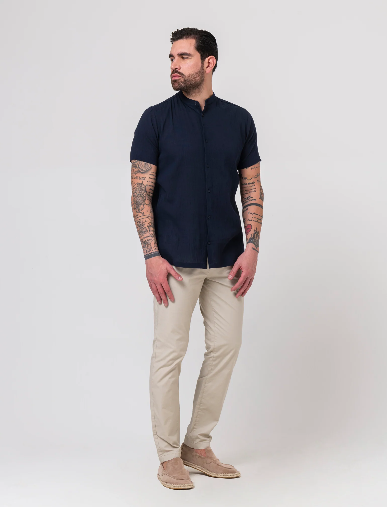 Camicia alla coreana da uomo effetto crepe - Blu - Image 3