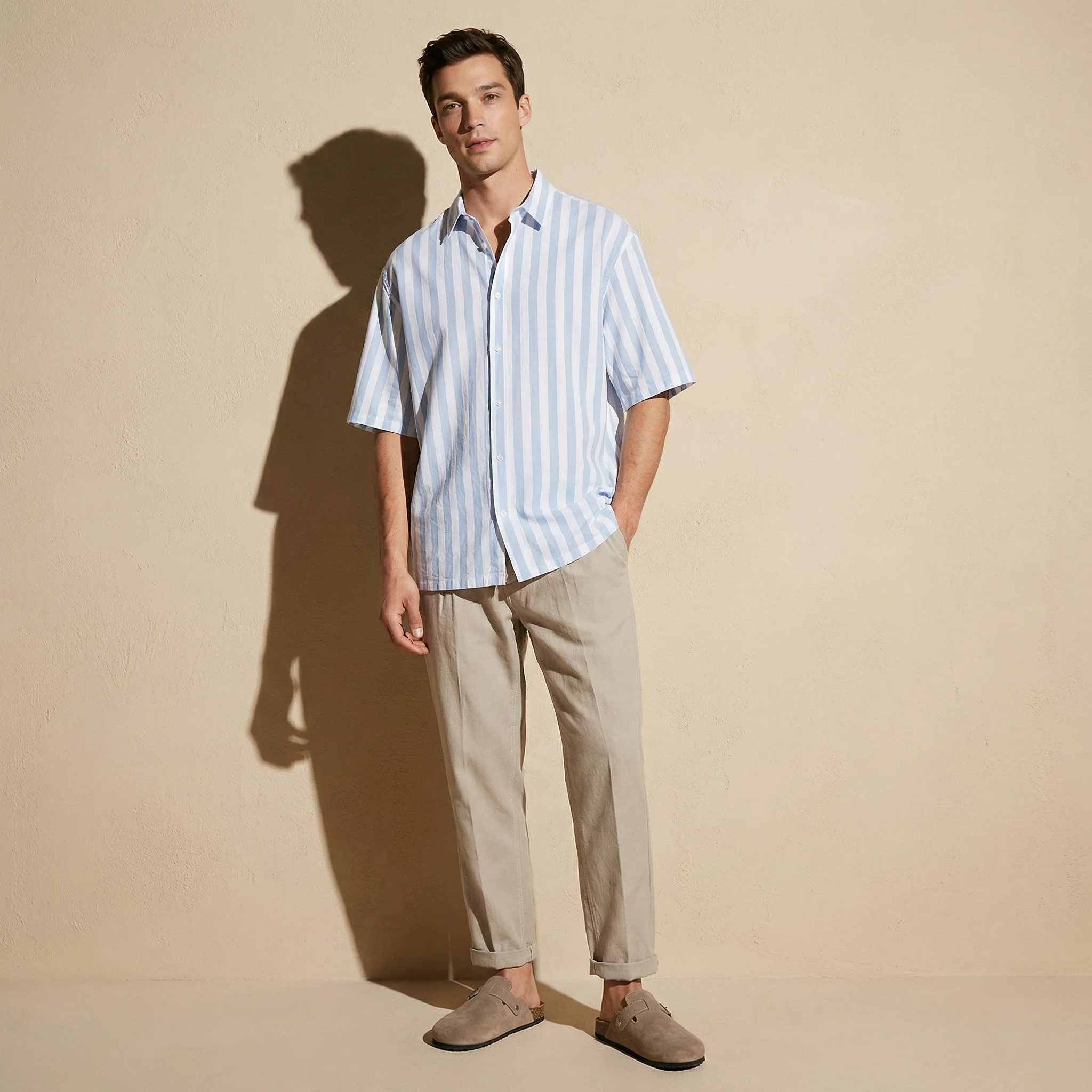 Camicia boxy fit a righe in viscosa - Celeste polvere