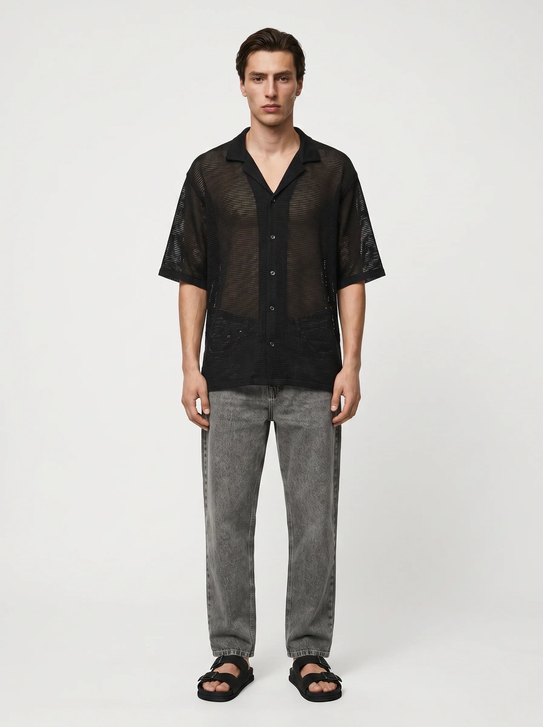 Camicia Boxy Fit Crochet Effetto Rete - Nero