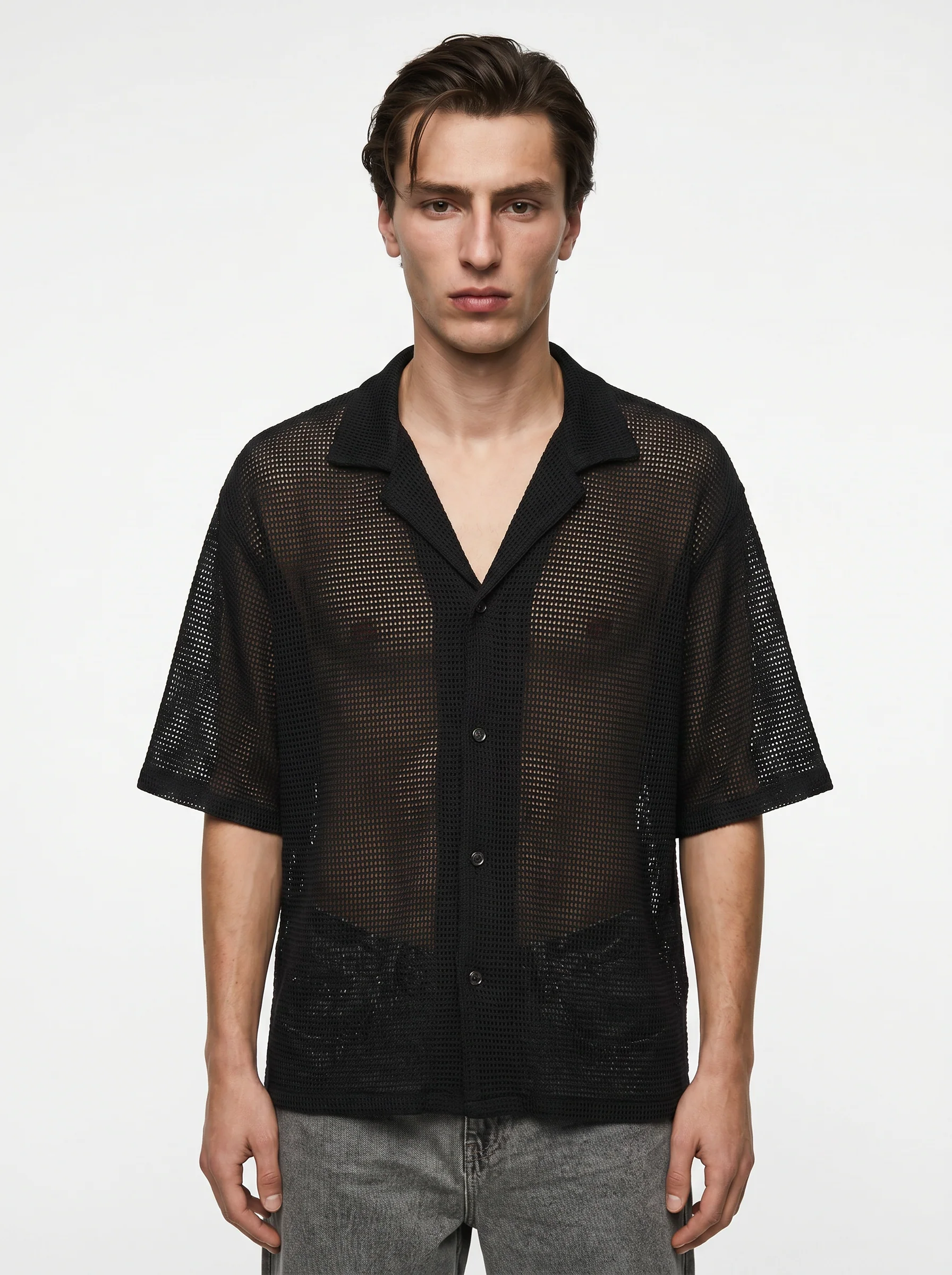 Camicia Boxy Fit Crochet Effetto Rete - Nero - Image 3