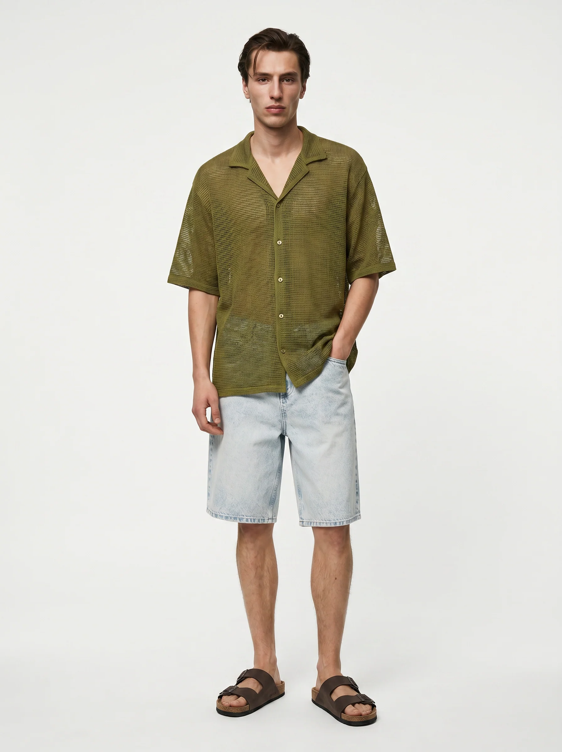 Camicia Boxy Fit Crochet Effetto Rete - Verde oliva