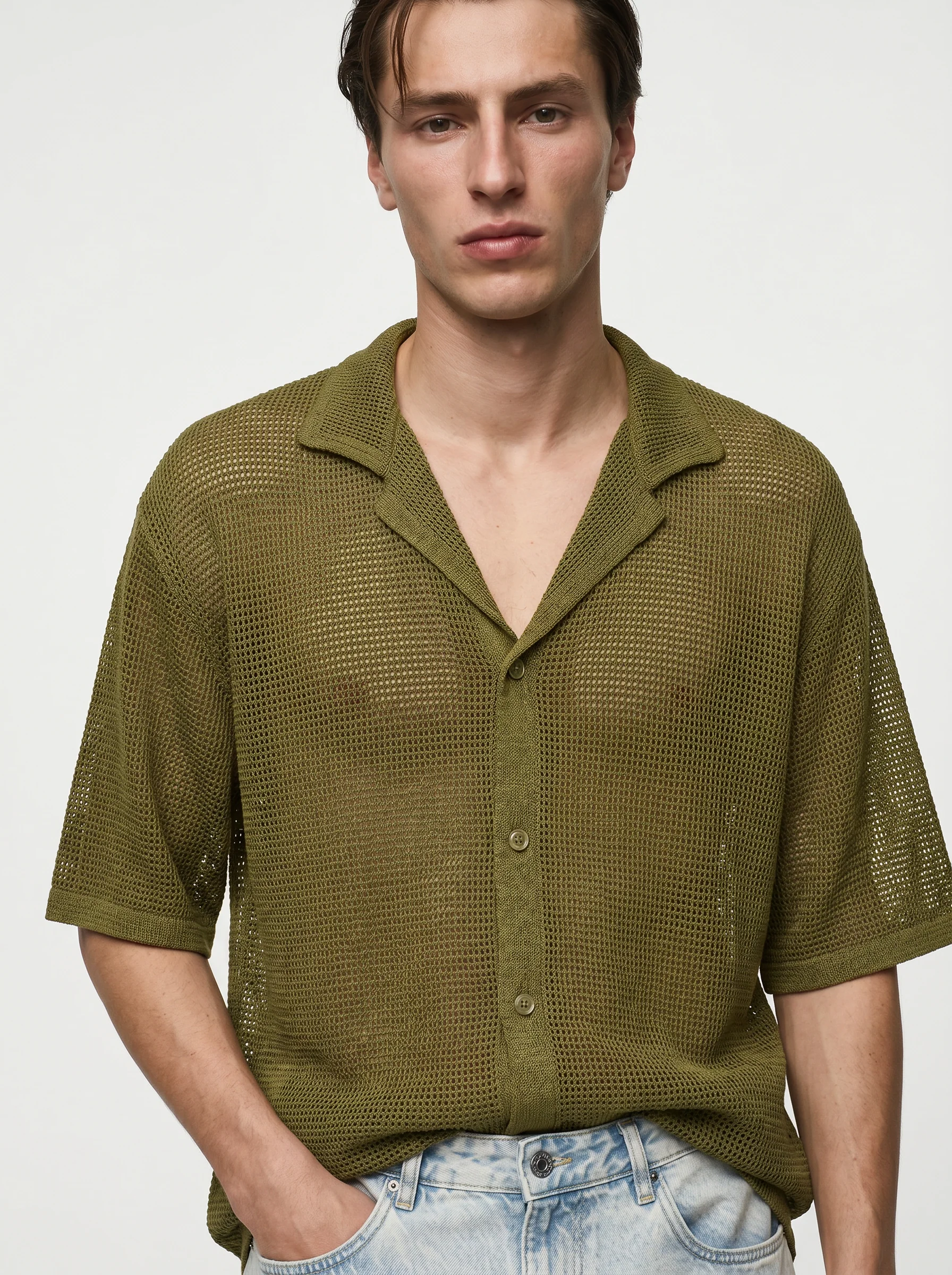 Camicia Boxy Fit Crochet Effetto Rete - Verde oliva - Image 3